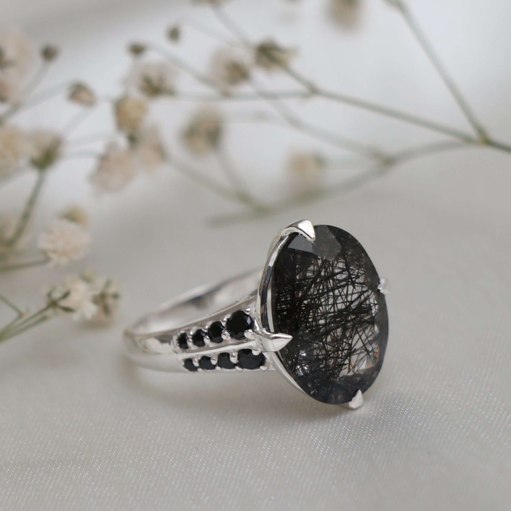 Black Rutile Quartz Handmade Ring-Handmade Sterling Silver Ring-Unisex Ring-Engagement Ring-Halloween Ring-749 PILWALS