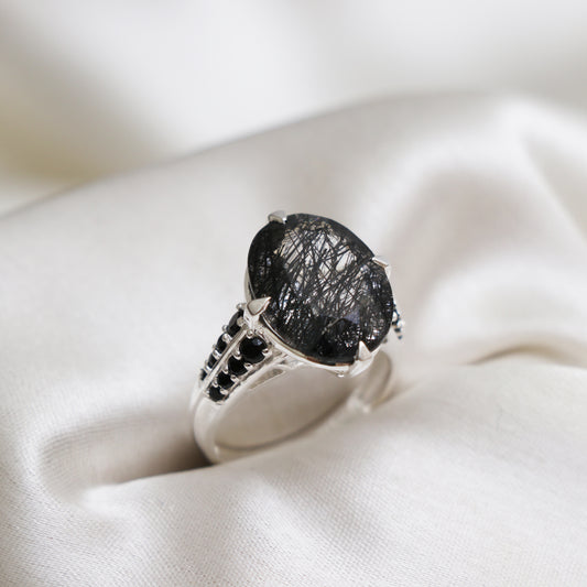 Black Rutile Quartz Handmade Ring-Handmade Sterling Silver Ring-Unisex Ring-Engagement Ring-Halloween Ring-749 PILWALS