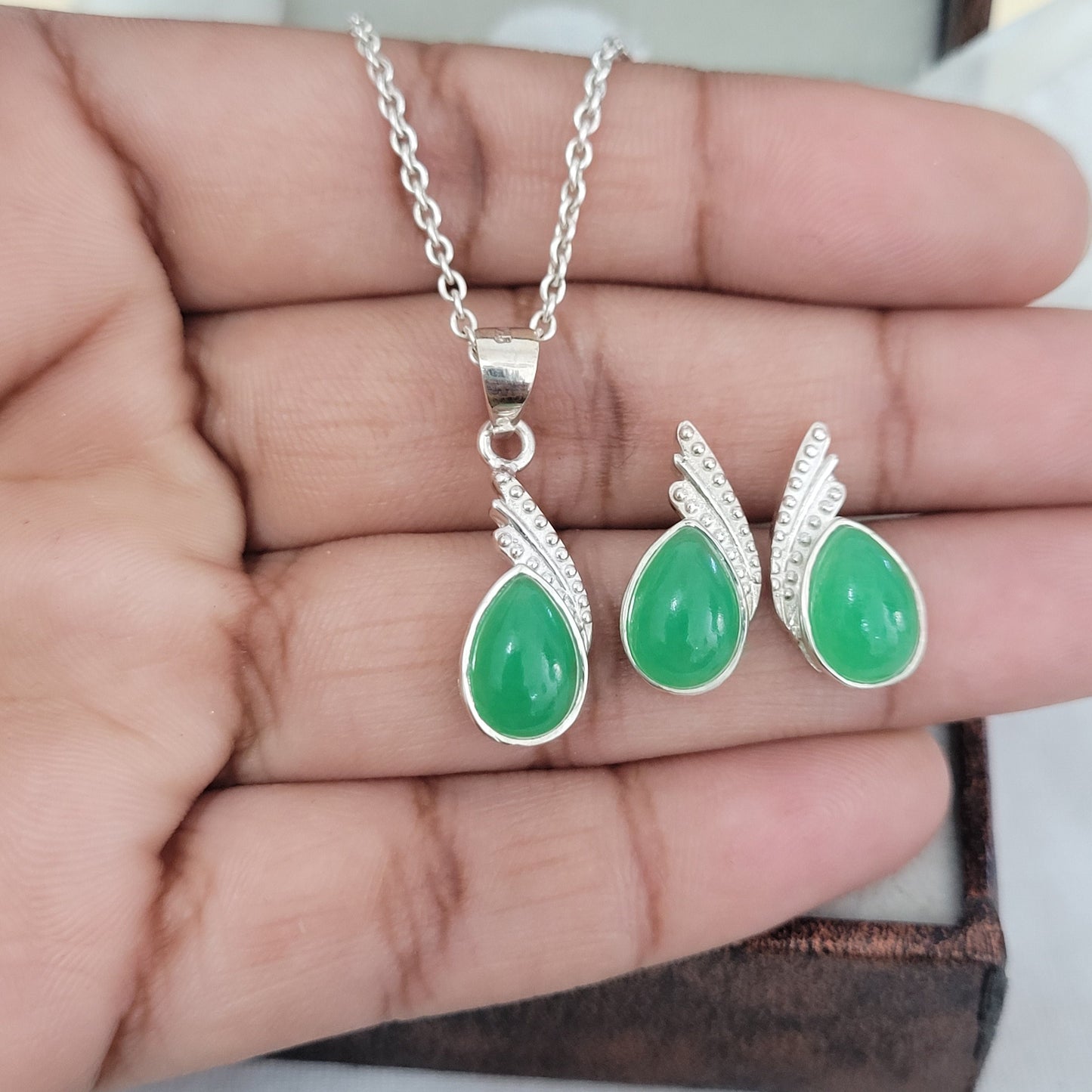 Green Jade Minimalist Necklace-Jade Dainty Earrings-Jade Simple Pendant Set-Everyday Jade Silver Necklace-Gift for Her-523 PILWALS