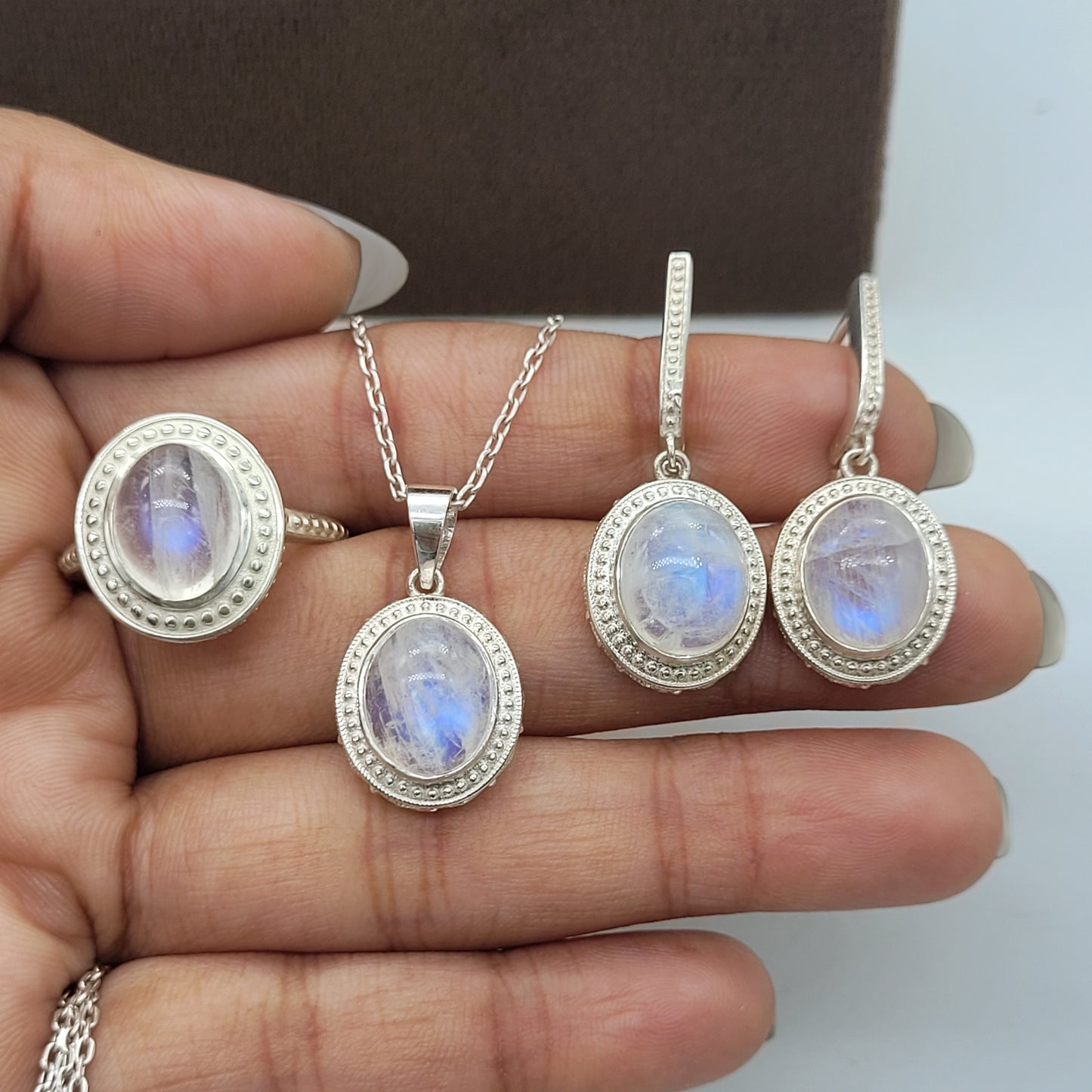 Rainbow Moonstone Silver Necklace-June Birthstone-Moonstone Oval Pendant Set-Anniversary Gift For Her-551 PILWALS