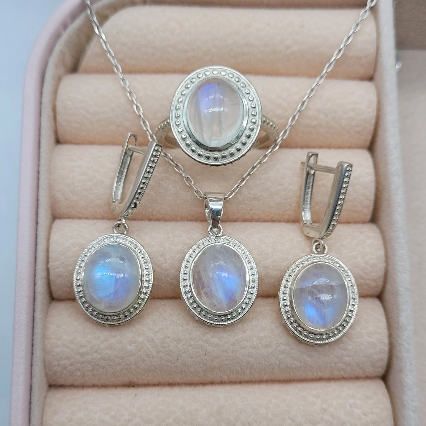 Rainbow Moonstone Silver Necklace-June Birthstone-Moonstone Oval Pendant Set-Anniversary Gift For Her-551 PILWALS