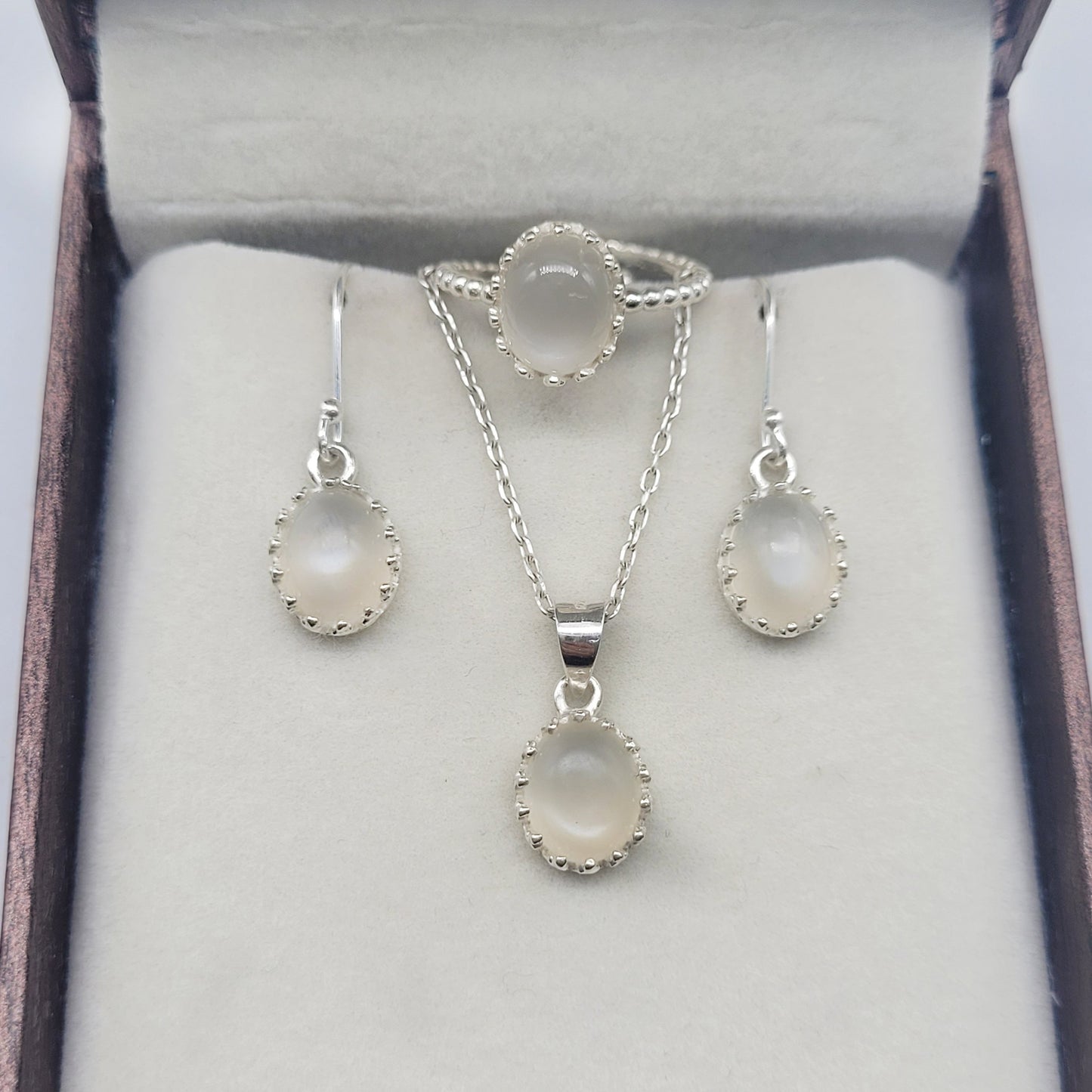 White Moonstone Necklace Set-Moonstone Earrings with Pendant-Sterling Silver Handmade Jewelry-Best Gift for Sister-726 PILWALS