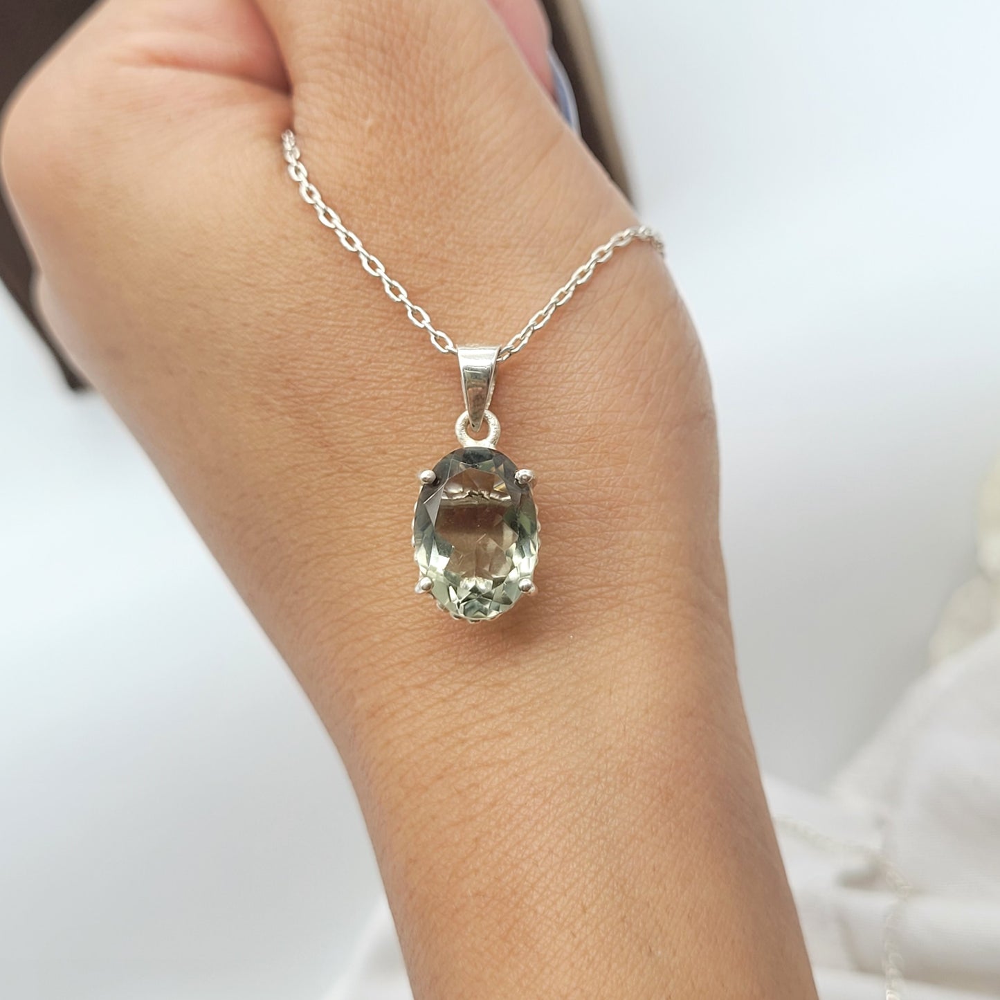 Prasiolite Silver Necklace-Green Amethyst Pendant Set-February Birthday Gift-Silver Chain with Pendant for Her-732 PILWALS