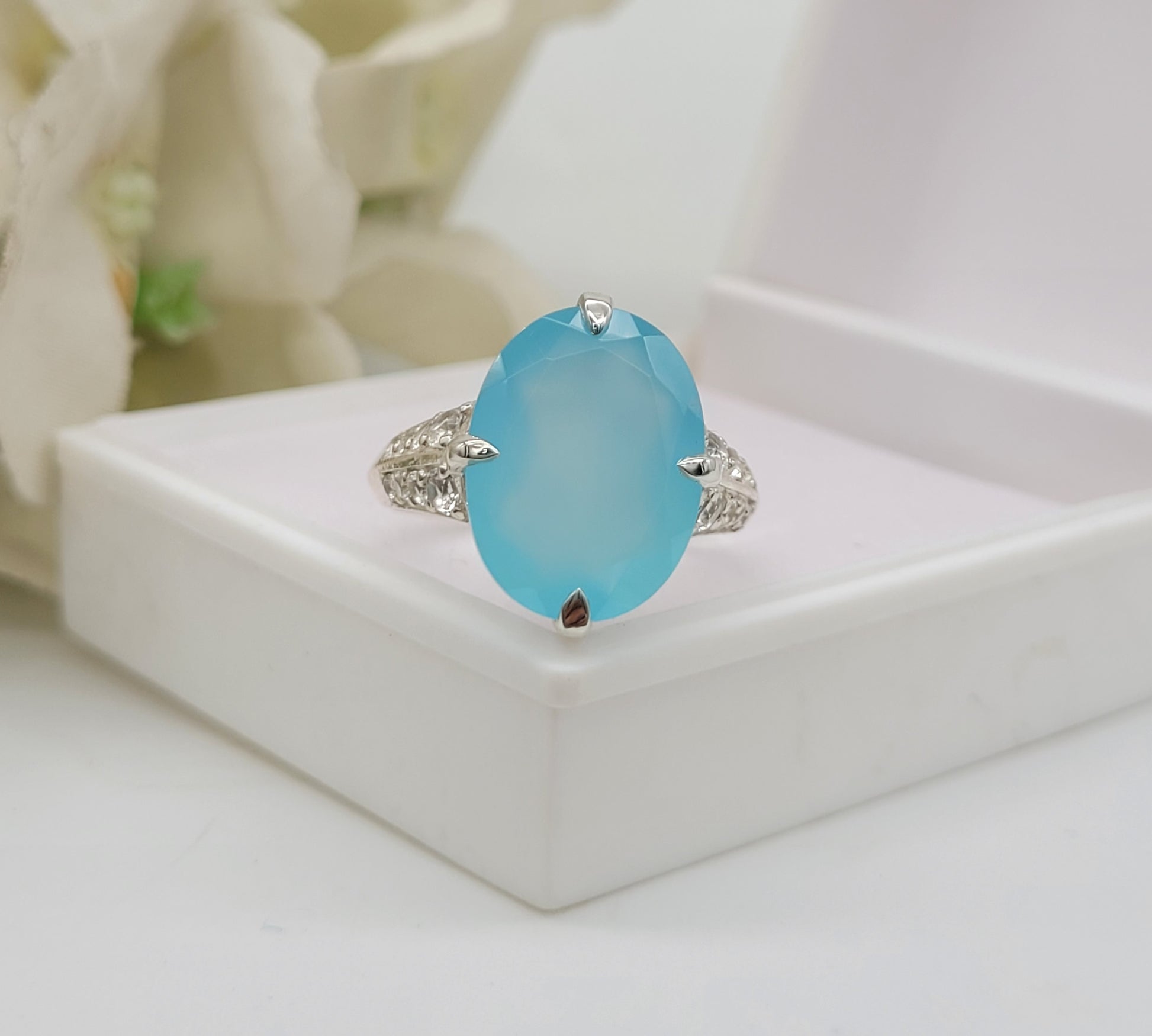 Aqua Chalcedony Oval Cut Ring-925 Sterling Silver Ring-Elegant Blue Statement Ring-Gift For Her-749 PILWALS