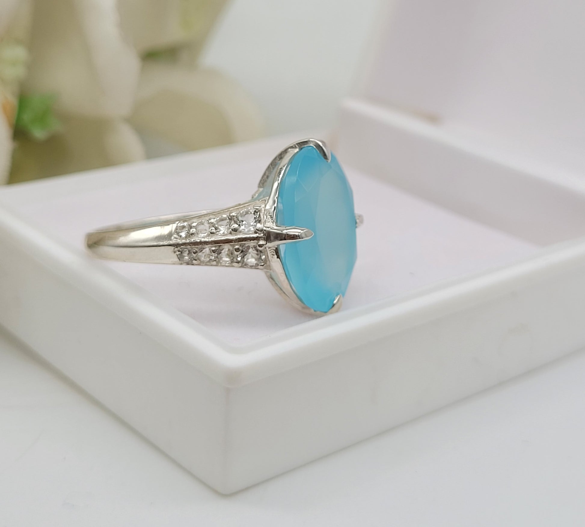 Aqua Chalcedony Oval Cut Ring-925 Sterling Silver Ring-Elegant Blue Statement Ring-Gift For Her-749 PILWALS