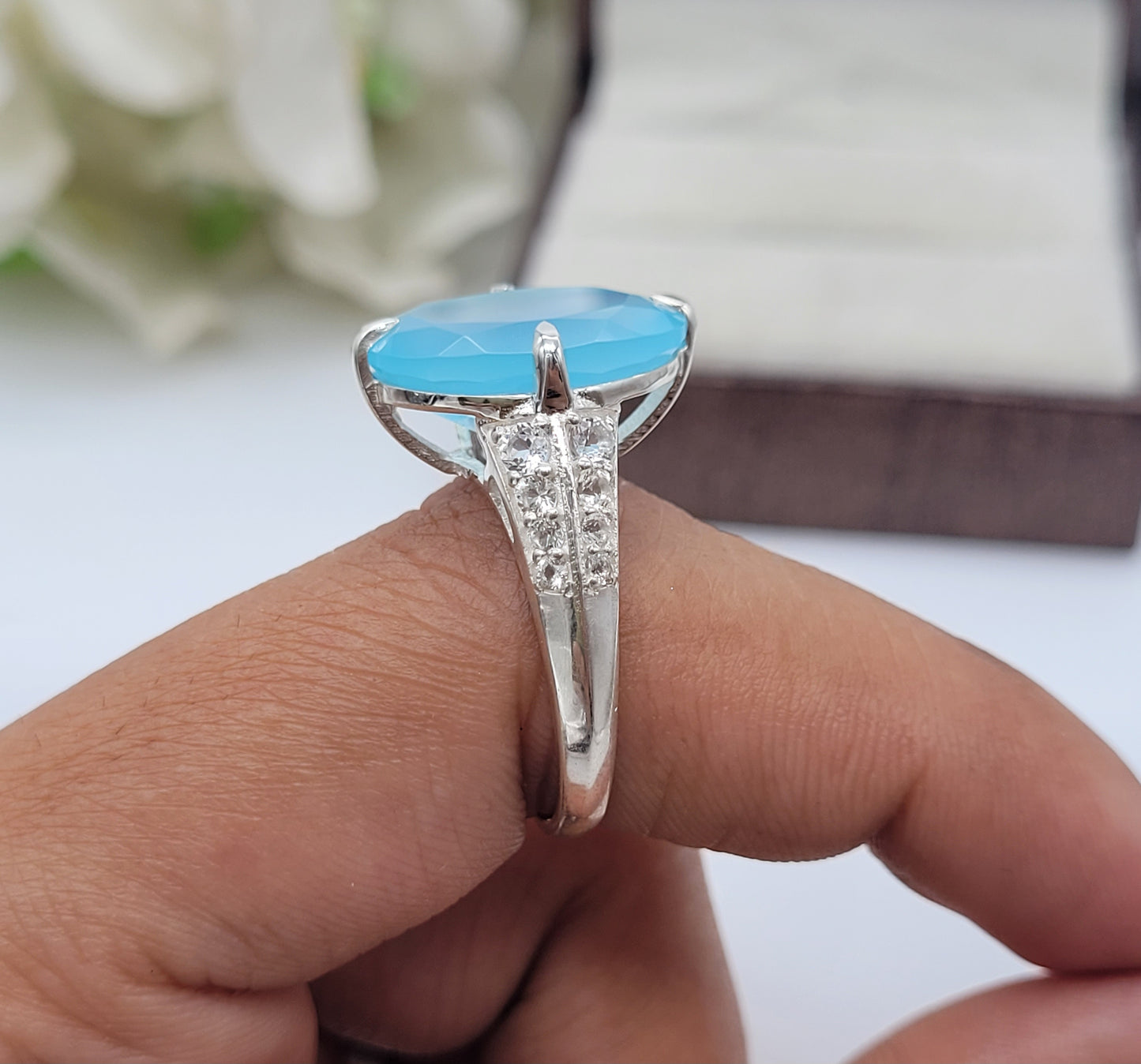 Aqua Chalcedony Oval Cut Ring-925 Sterling Silver Ring-Elegant Blue Statement Ring-Gift For Her-749 PILWALS