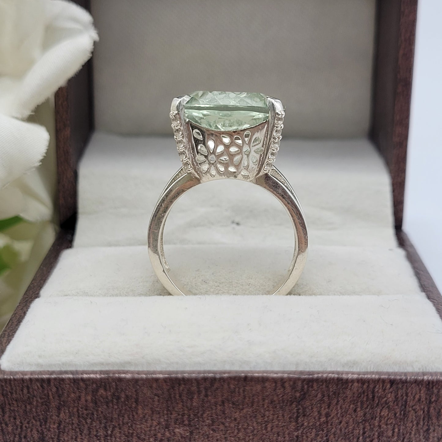 15mm Cushion Cut Green Amethyst Ring-Handmade Prasiolite Silver Ring-Bridesmaid Ring-Gift for Her-1018 PILWALS