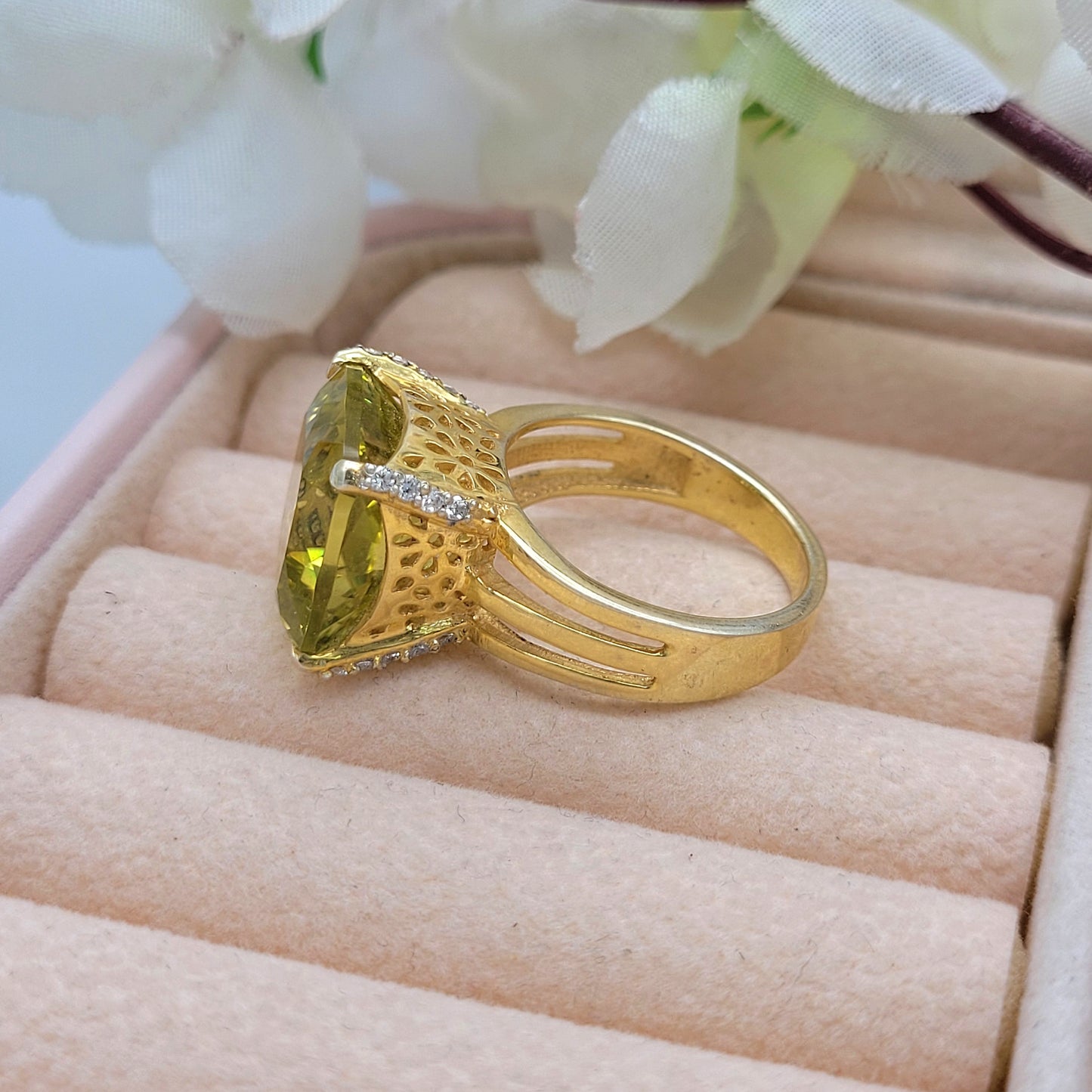 14K Gold Vermeil Ring-Genuine Lemon Quartz Ring-Elegant Yellow Quartz Ring-Handmade Silver Ring-Quartz and Topaz Ring-1018 PILWALS