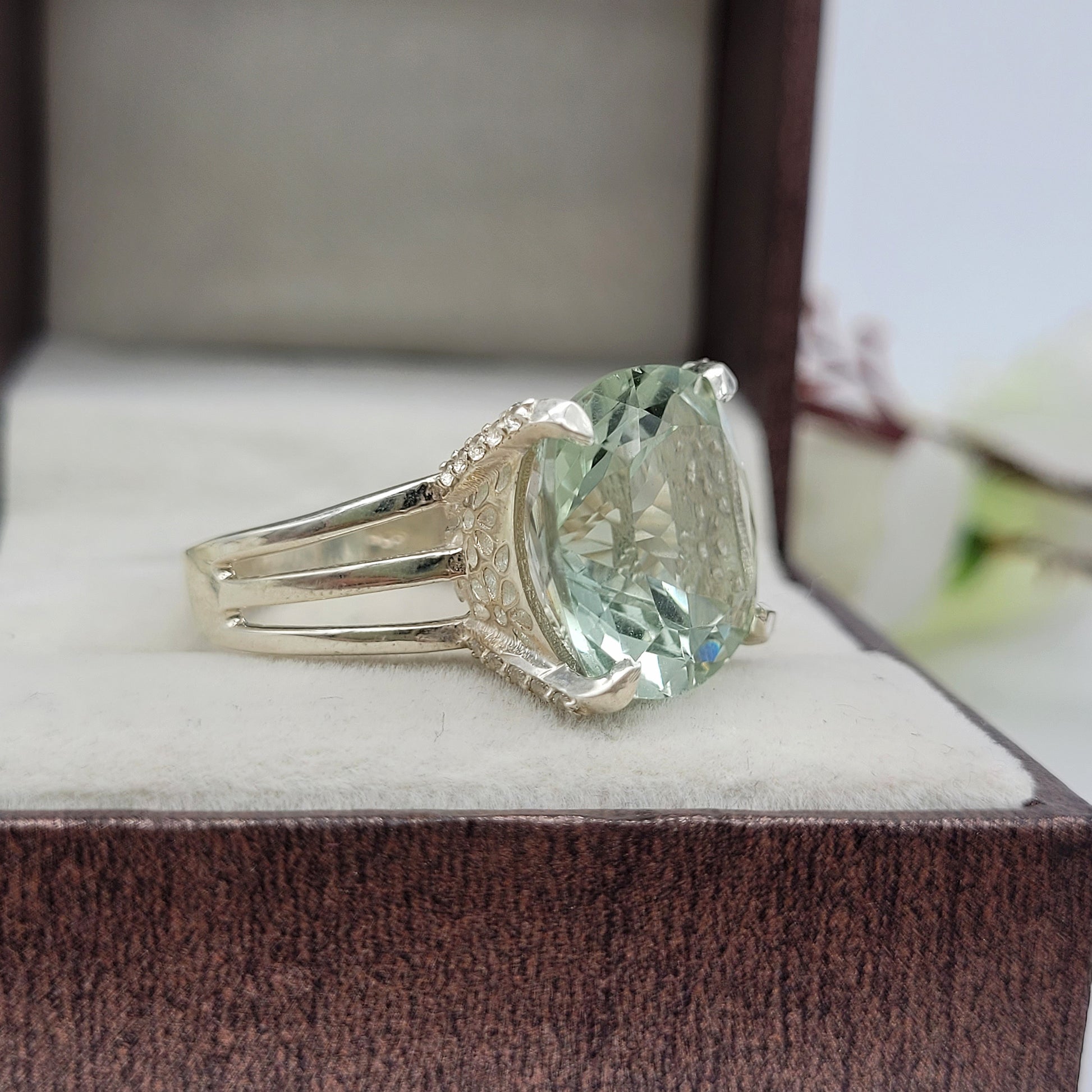 15mm Cushion Cut Green Amethyst Ring-Handmade Prasiolite Silver Ring-Bridesmaid Ring-Gift for Her-1018 PILWALS