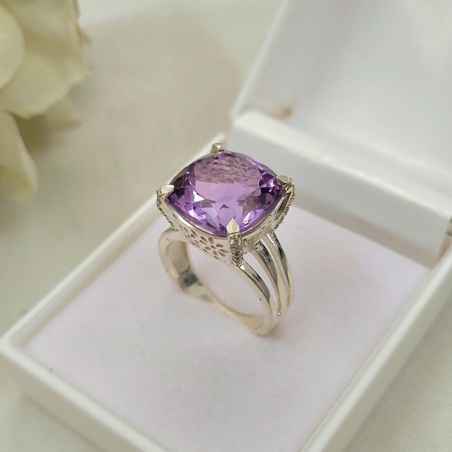 Cushion Cut Amethyst Ring-February Birthstone Ring-Sterling Silver Amethyst Ring-Prong Set Ring-Gift for Her-1018 PILWALS