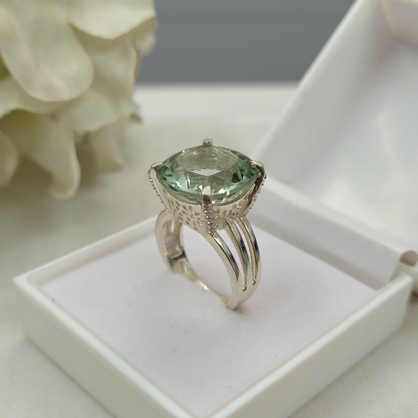 15mm Cushion Cut Green Amethyst Ring-Handmade Prasiolite Silver Ring-Bridesmaid Ring-Gift for Her-1018 PILWALS