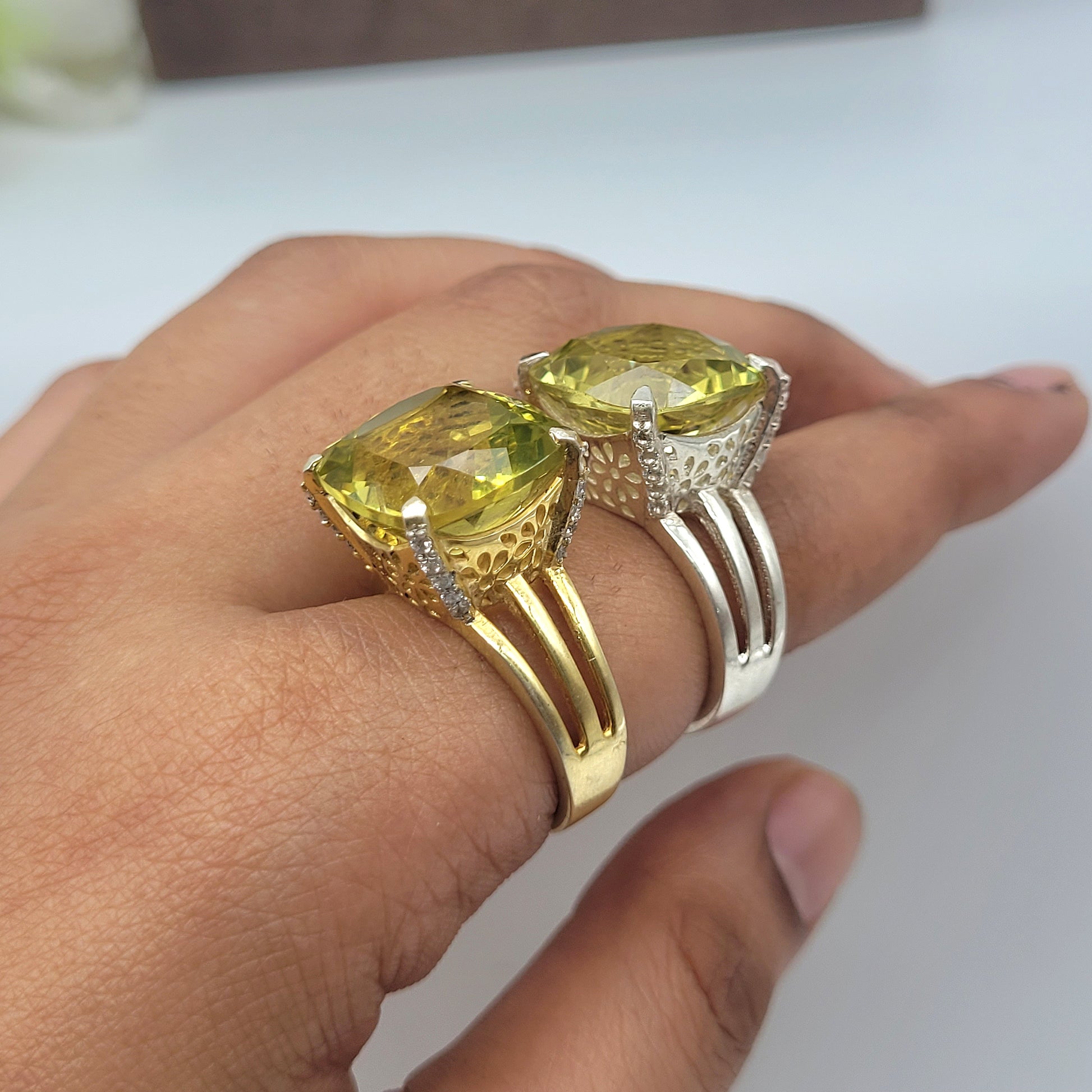 14K Gold Vermeil Ring-Genuine Lemon Quartz Ring-Elegant Yellow Quartz Ring-Handmade Silver Ring-Quartz and Topaz Ring-1018 PILWALS