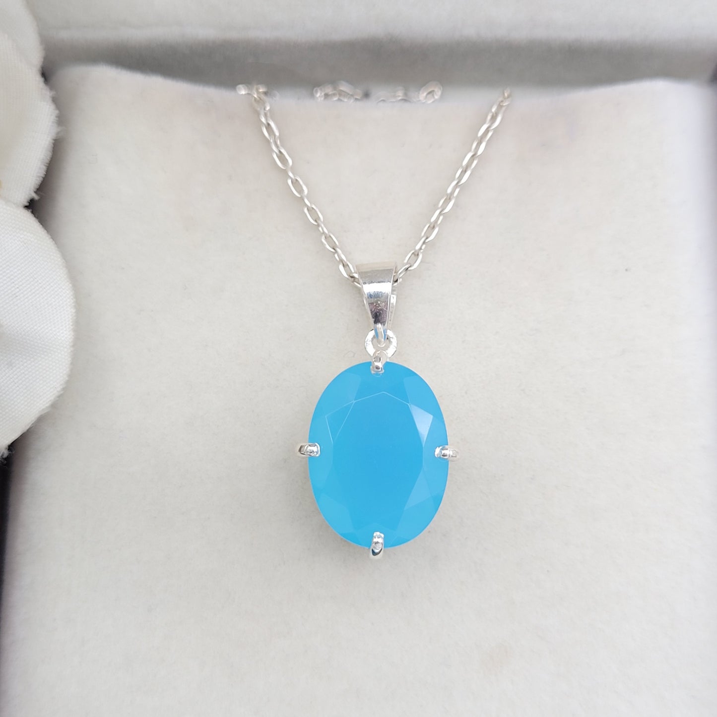 Aqua Chalcedony Necklace-Blue Gemstone Pendant Set-Oval Shape Pendant-March Birthstone-Gift for Her-749 PILWALS