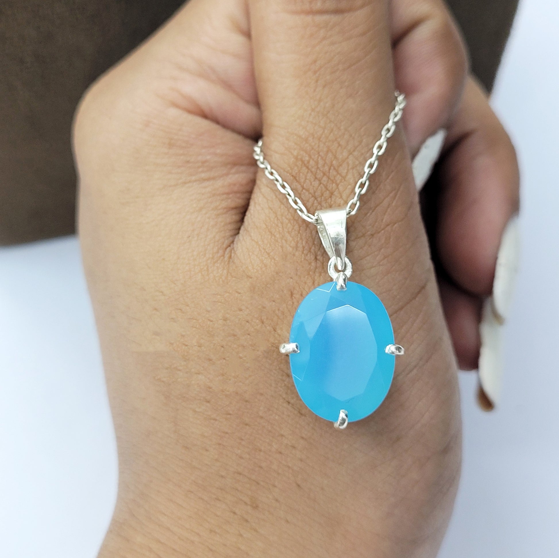 Aqua Chalcedony Necklace-Blue Gemstone Pendant Set-Oval Shape Pendant-March Birthstone-Gift for Her-749 PILWALS