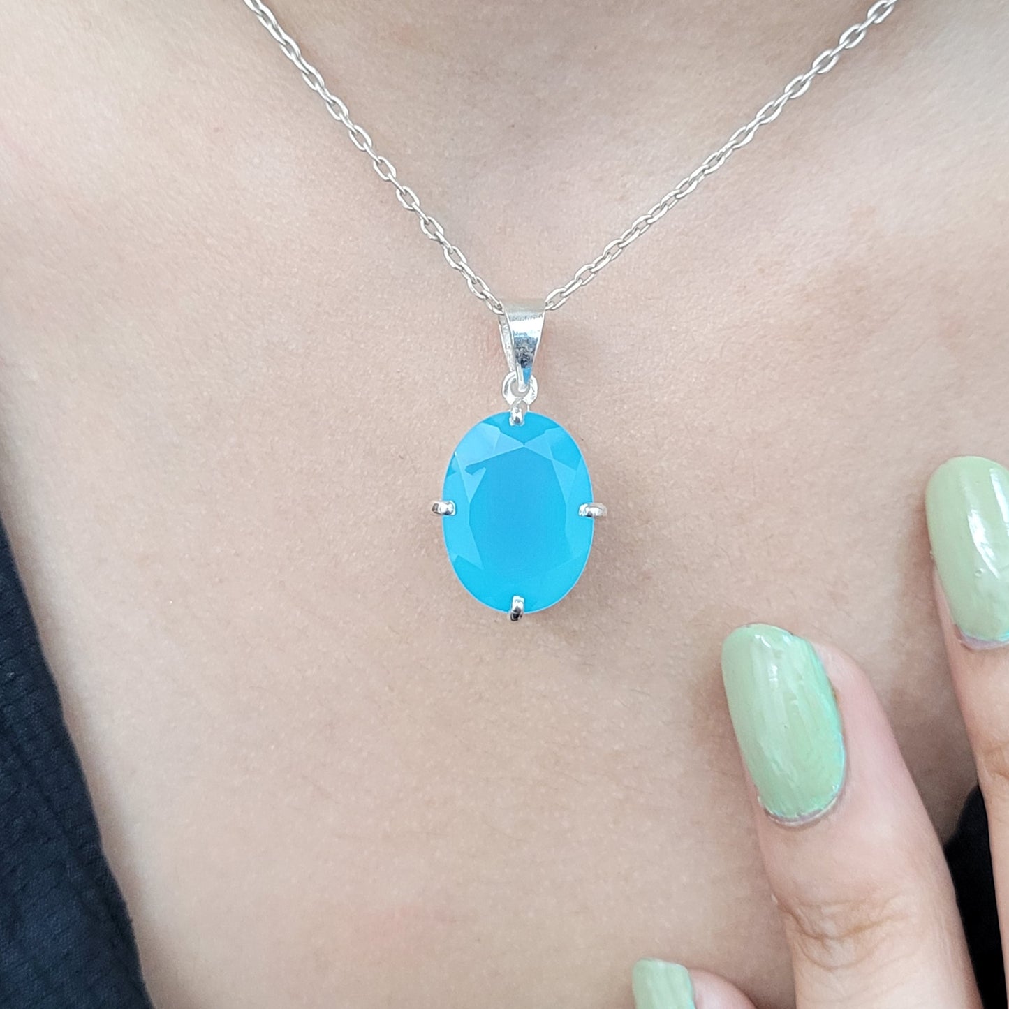 Aqua Chalcedony Necklace-Blue Gemstone Pendant Set-Oval Shape Pendant-March Birthstone-Gift for Her-749 PILWALS