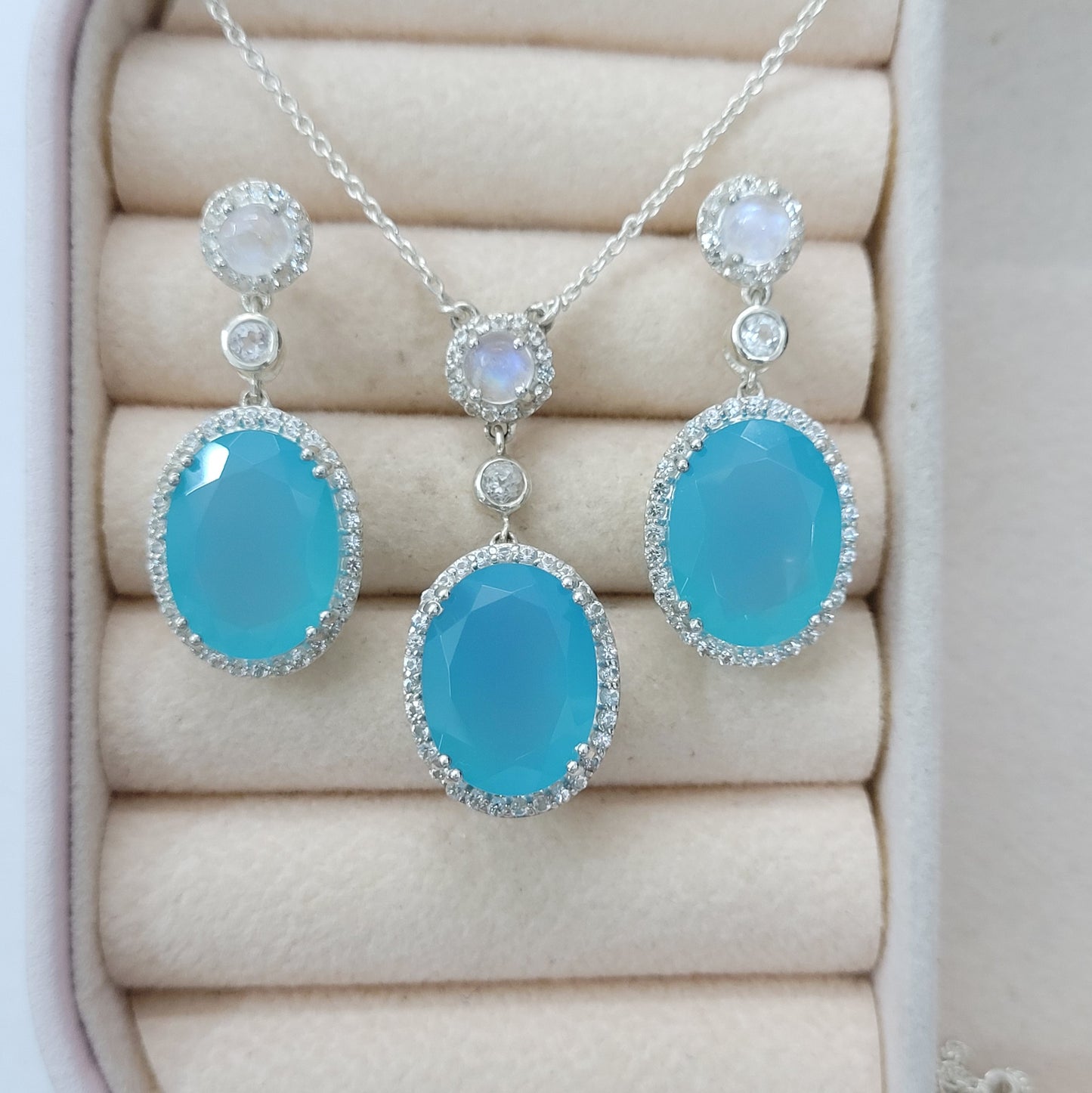 Aqua Chalcedony Necklace-Blue Gemstone Pendant with Earrings Set-Anniversary Gift Jewelry-Chalcedony Silver Necklace for Her-144 PILWALS