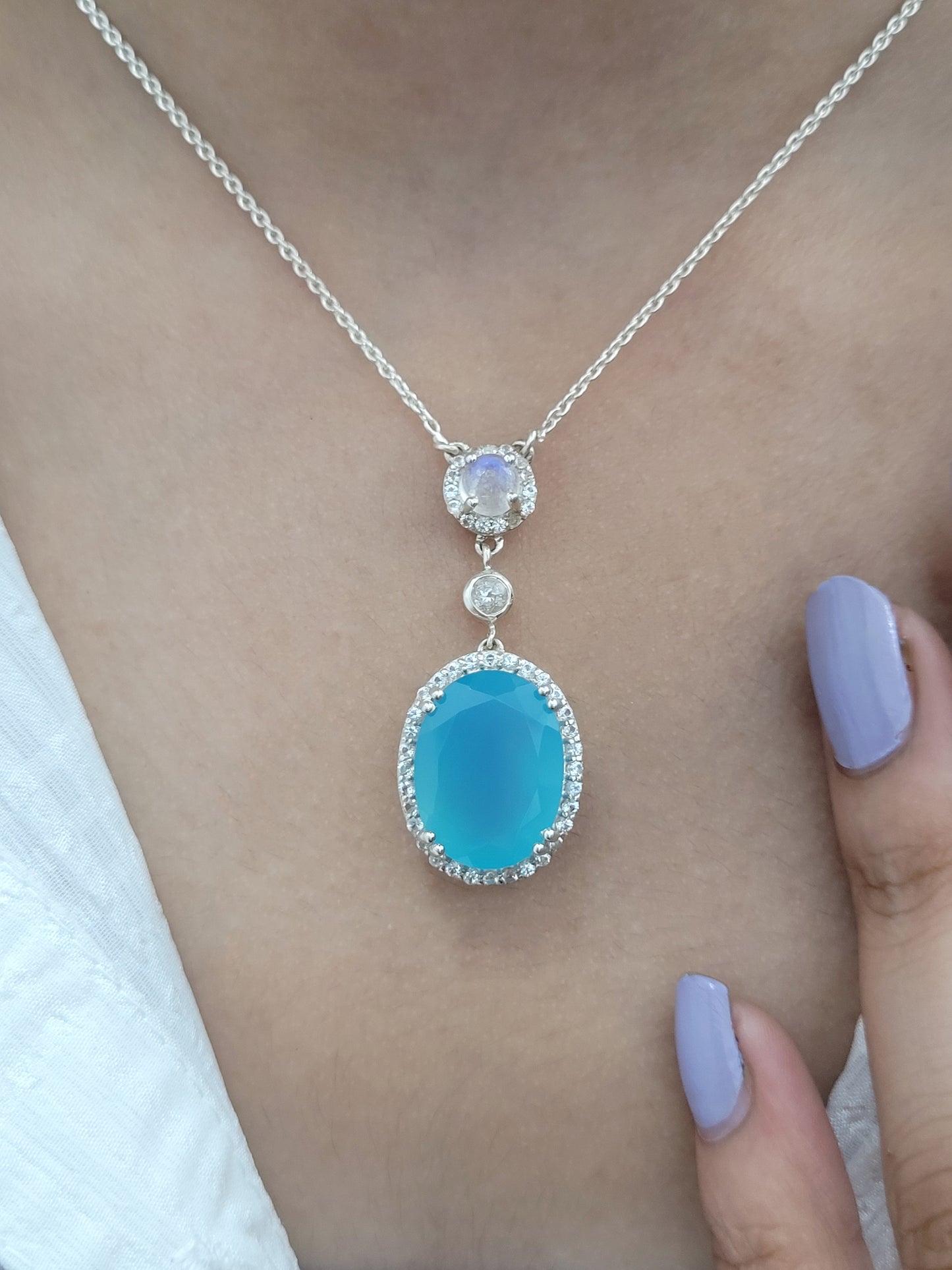 Aqua Chalcedony Necklace-Blue Gemstone Pendant with Earrings Set-Anniversary Gift Jewelry-Chalcedony Silver Necklace for Her-144 PILWALS