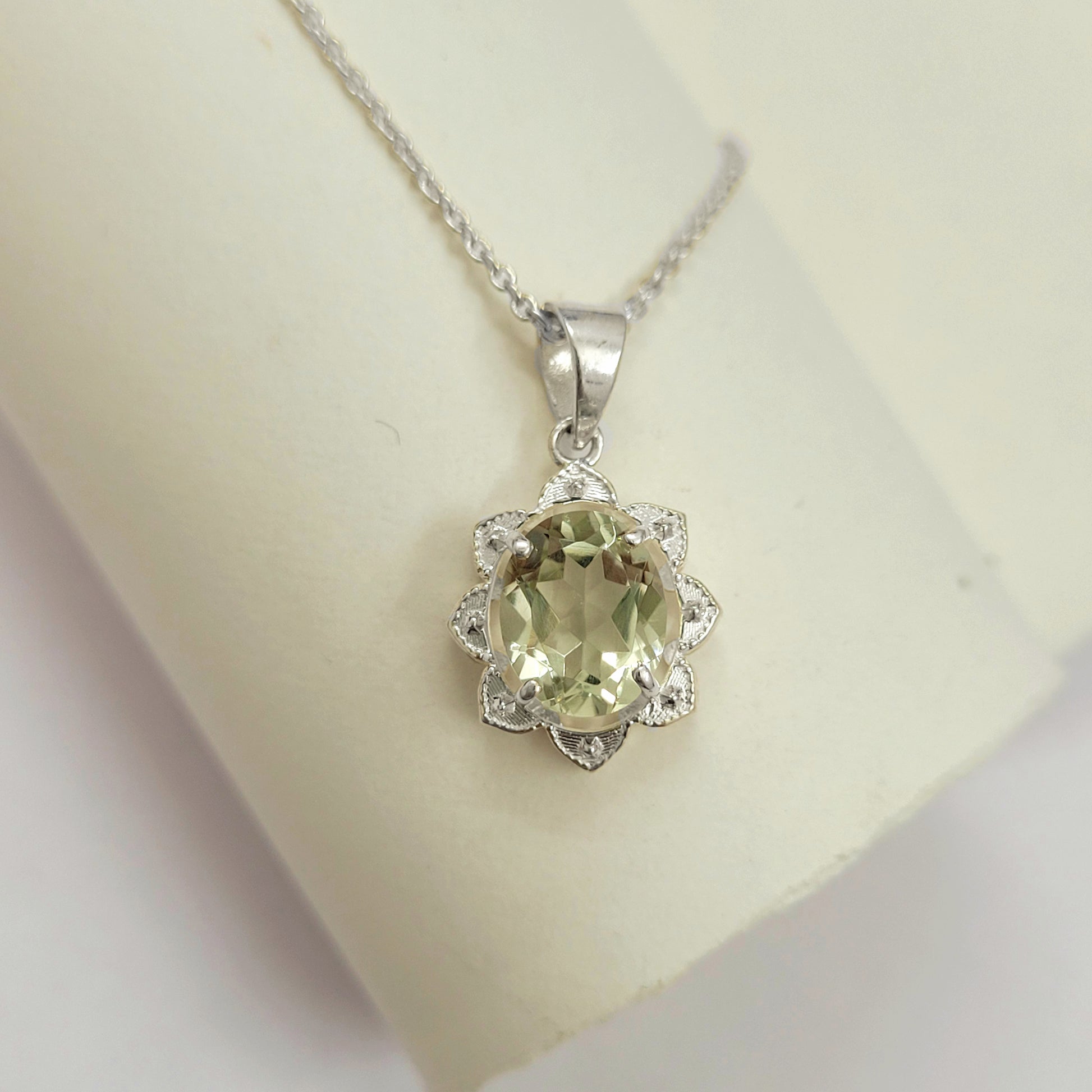 925 Sterling Silver Green Amethyst Necklace-Prasiolite Handmade Pendant Set-Amethyst Flower Ring-4 Pieces Combo Set-542 PILWALS