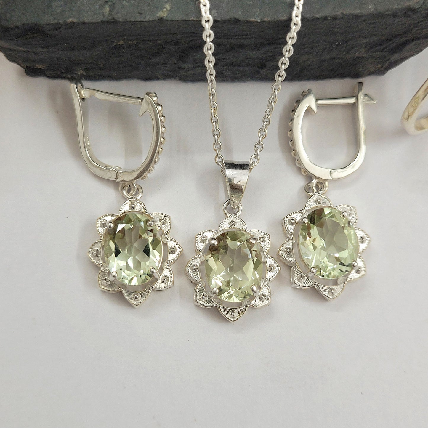 925 Sterling Silver Green Amethyst Necklace-Prasiolite Handmade Pendant Set-Amethyst Flower Ring-4 Pieces Combo Set-542 PILWALS