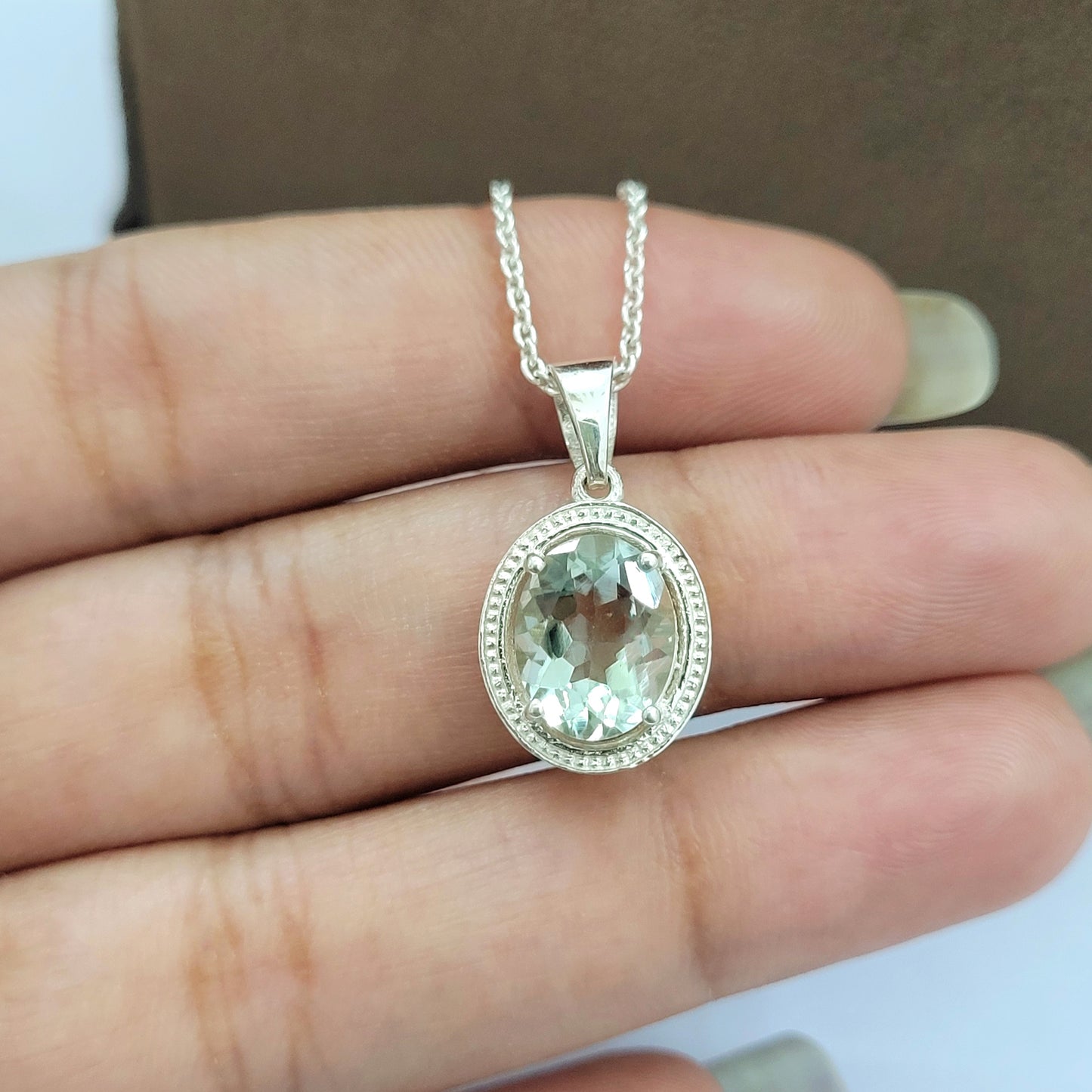 Genuine Prasiolite Silver Pendant Set-Green Amethyst Oval Necklace-Handmade Bridal Jewelry-February Birthstone Gift For Her-556 PILWALS