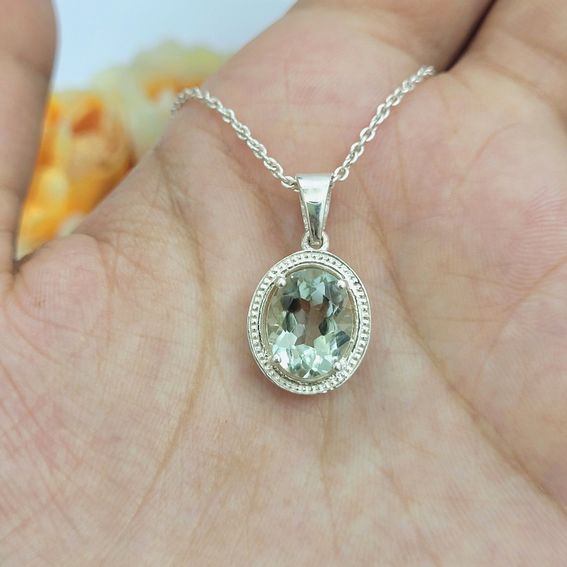 Genuine Prasiolite Silver Pendant Set-Green Amethyst Oval Necklace-Handmade Bridal Jewelry-February Birthstone Gift For Her-556 PILWALS