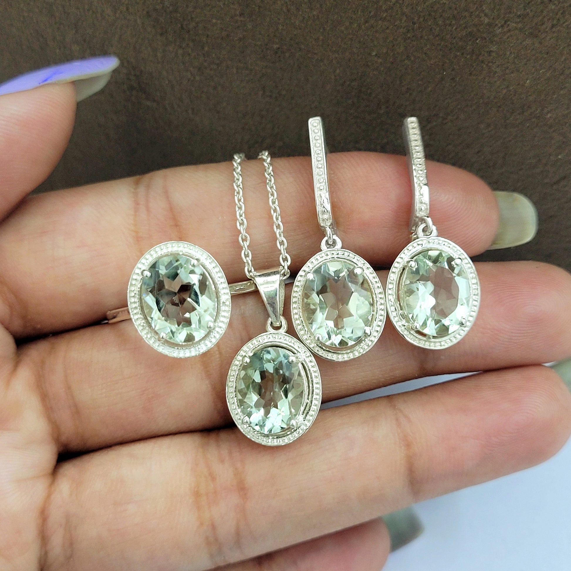 Genuine Prasiolite Silver Pendant Set-Green Amethyst Oval Necklace-Handmade Bridal Jewelry-February Birthstone Gift For Her-556 PILWALS