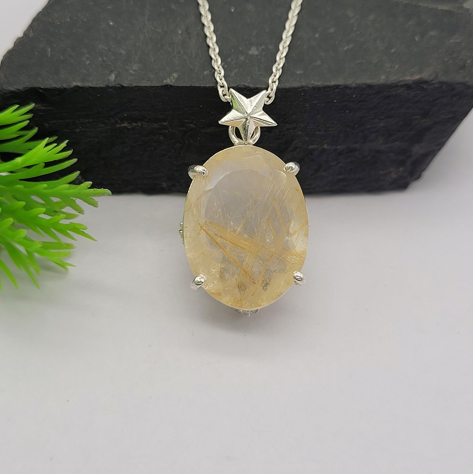 Handmade Golden Rutile Pendant-Big Oval Quartz Pendant-Quartz Silver Necklace-Gift For Her-Golden Quartz Unique Pendant-339 PILWALS