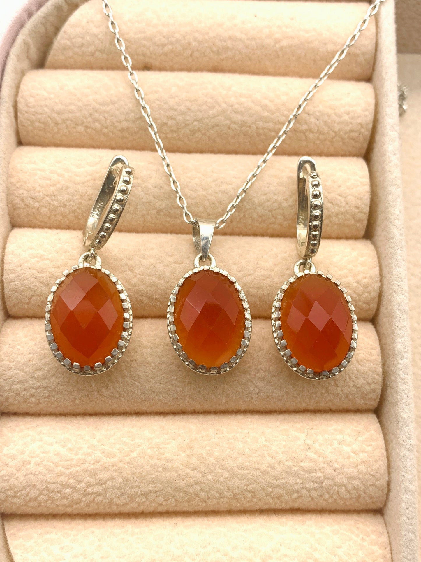 Genuine Carnelian Silver Necklace-Earrings With Pendant Set-Red Gemstone Jewelry-Gift For Love-322 PILWALS