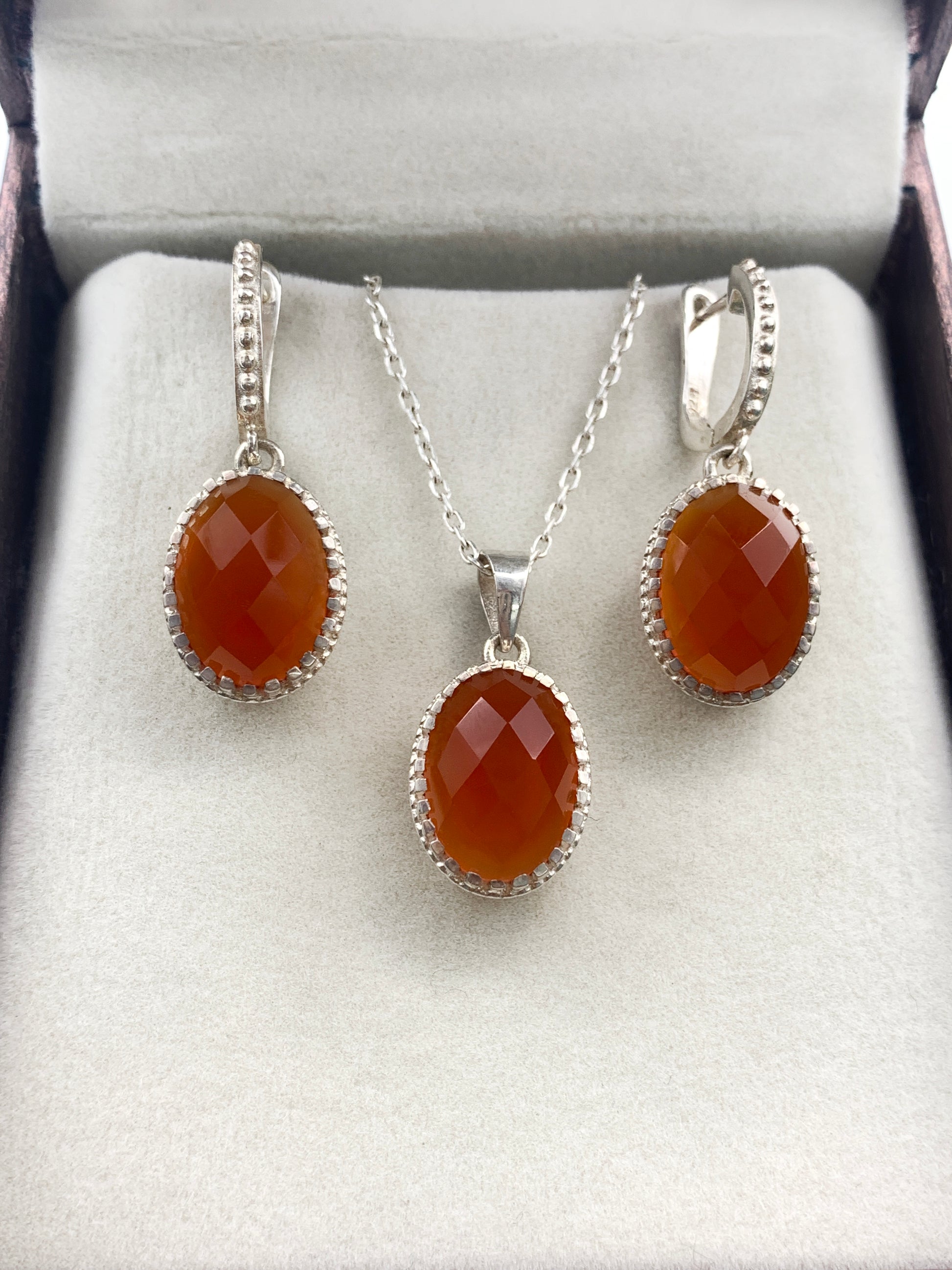 Genuine Carnelian Silver Necklace-Earrings With Pendant Set-Red Gemstone Jewelry-Gift For Love-322 PILWALS