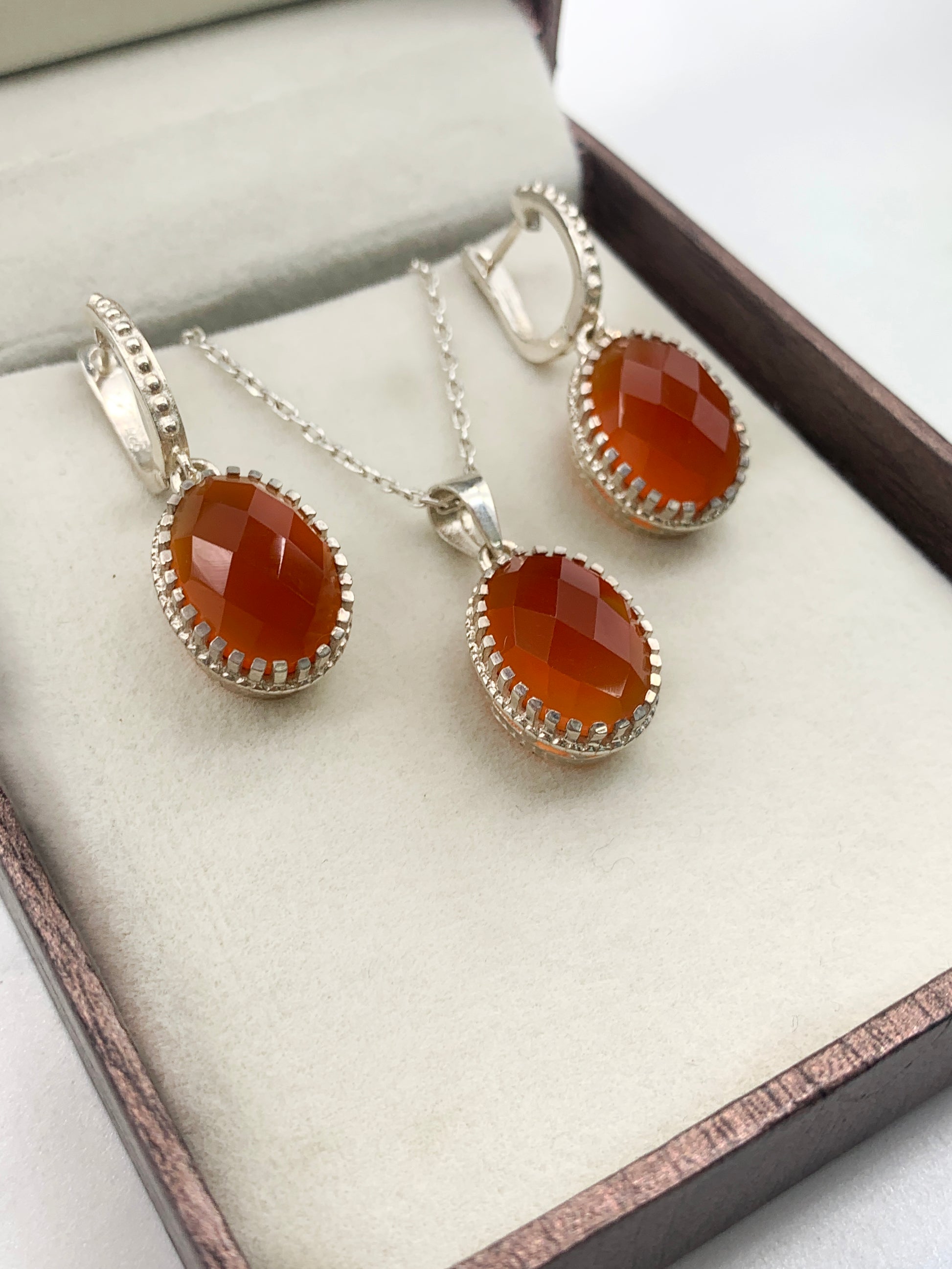 Genuine Carnelian Silver Necklace-Earrings With Pendant Set-Red Gemstone Jewelry-Gift For Love-322 PILWALS