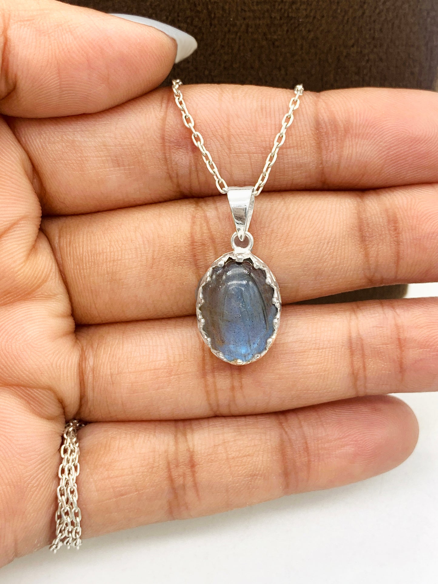 Natural Labradorite Necklace-March Birthday Gift-Vintage Silver Jewelry-Blue Flashy Labradorite Pendant With Earrings-117 PILWALS