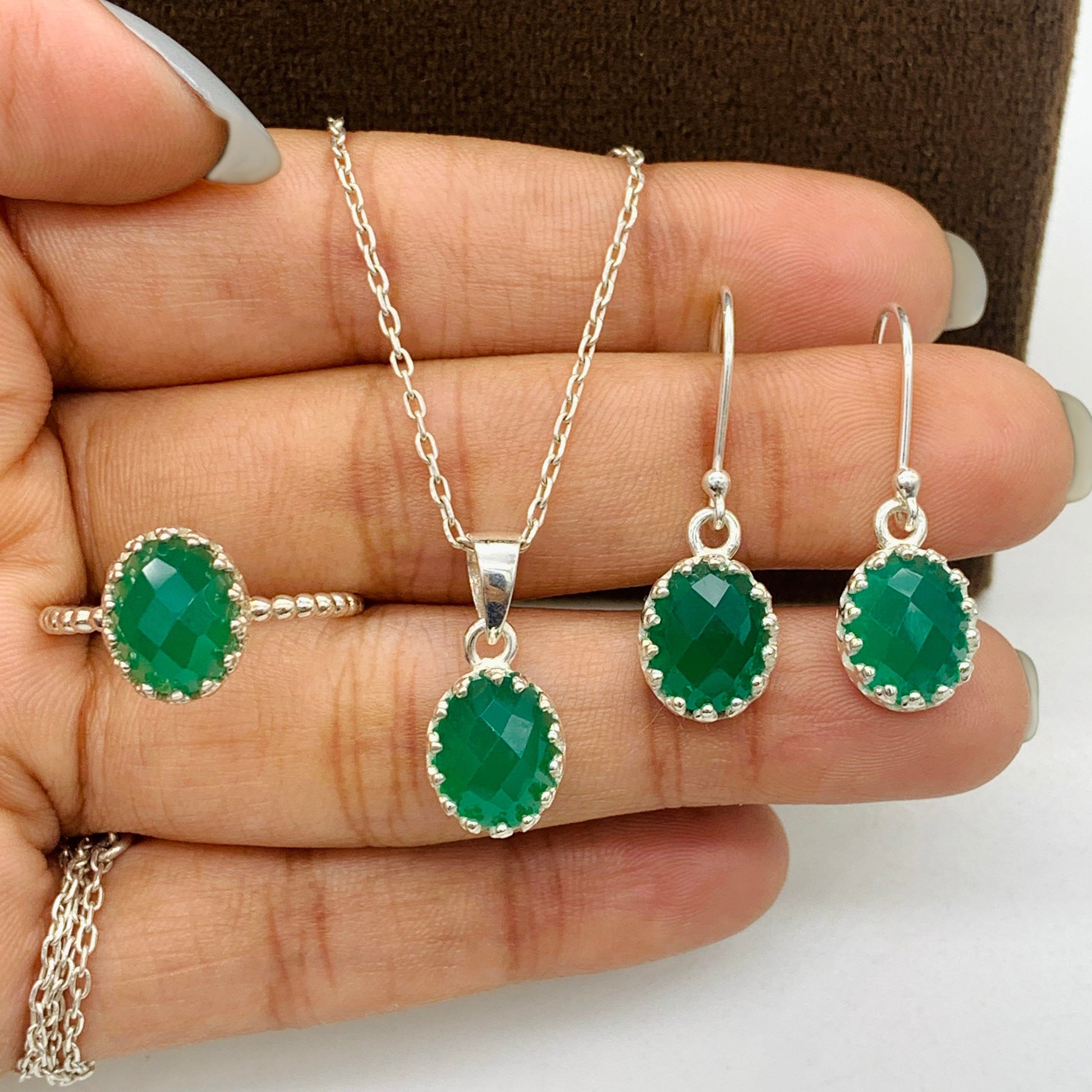 Green Onyx Pendant with Matching Earrings Set-925 Sterling Silver Gemstone Necklace-May Birthday Gift-Anniversary Gift For Her-726 PILWALS