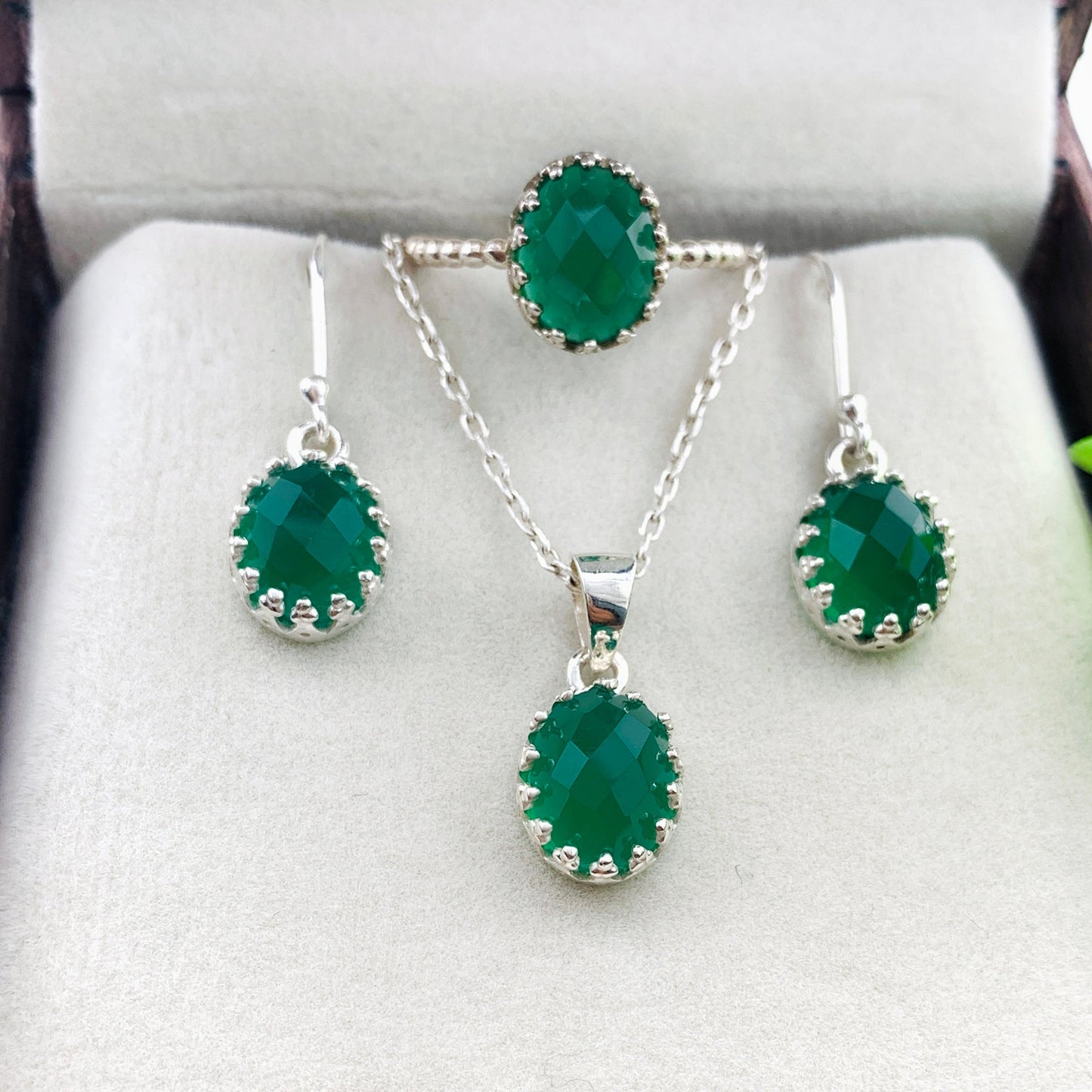 Green Onyx Pendant with Matching Earrings Set-925 Sterling Silver Gemstone Necklace-May Birthday Gift-Anniversary Gift For Her-726 PILWALS