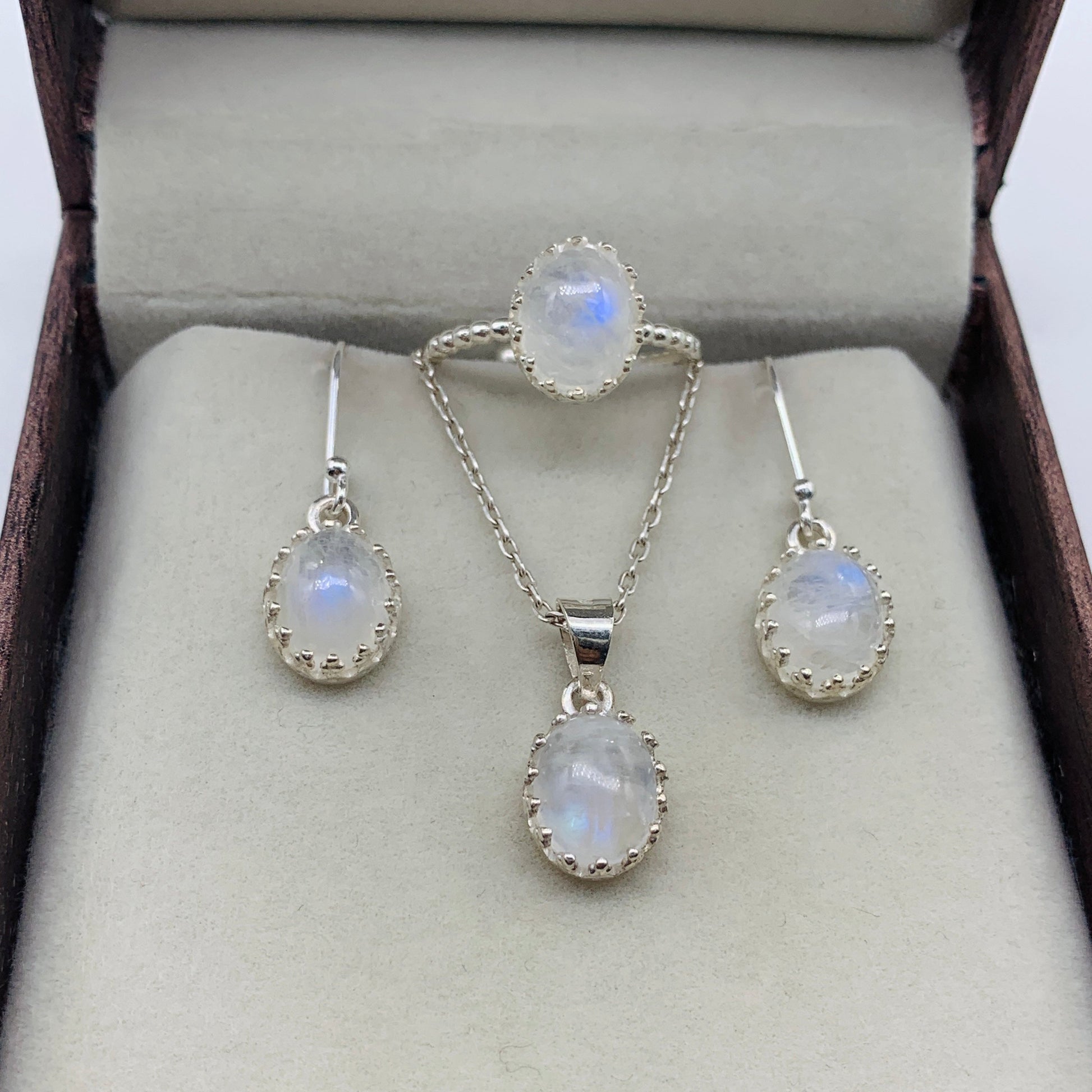 Natural Rainbow Moonstone Necklace and Earrings-925 Sterling Silver Handmade Set-Moonstone Smooth Oval Ring-726 PILWALS