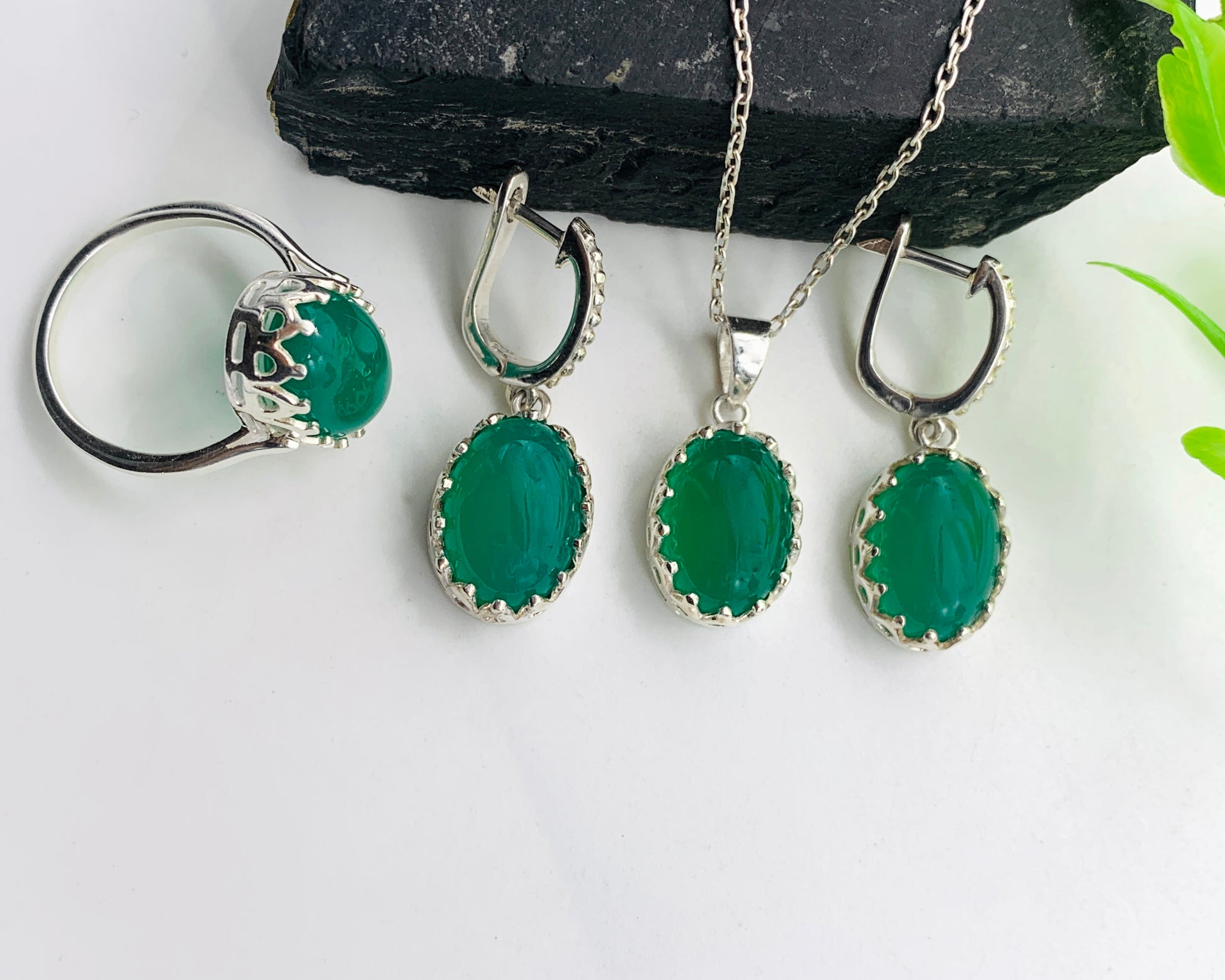 Natural Onyx Pendant Set-Smooth Onyx Necklace-Green Gemstone Silver Jewelry-Earring With Pendant-Onyx Promise Ring-117 PILWALS