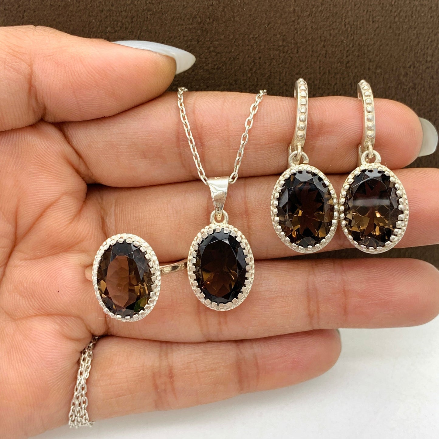 Natural Smoky Quartz Pendant Set-Silver Pendant With Earrings-Statement Jewelry For Woman & Girls-Brown Quartz Ring-322 PILWALS