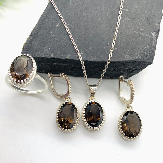 Natural Smoky Quartz Pendant Set-Silver Pendant With Earrings-Statement Jewelry For Woman & Girls-Brown Quartz Ring-322 PILWALS