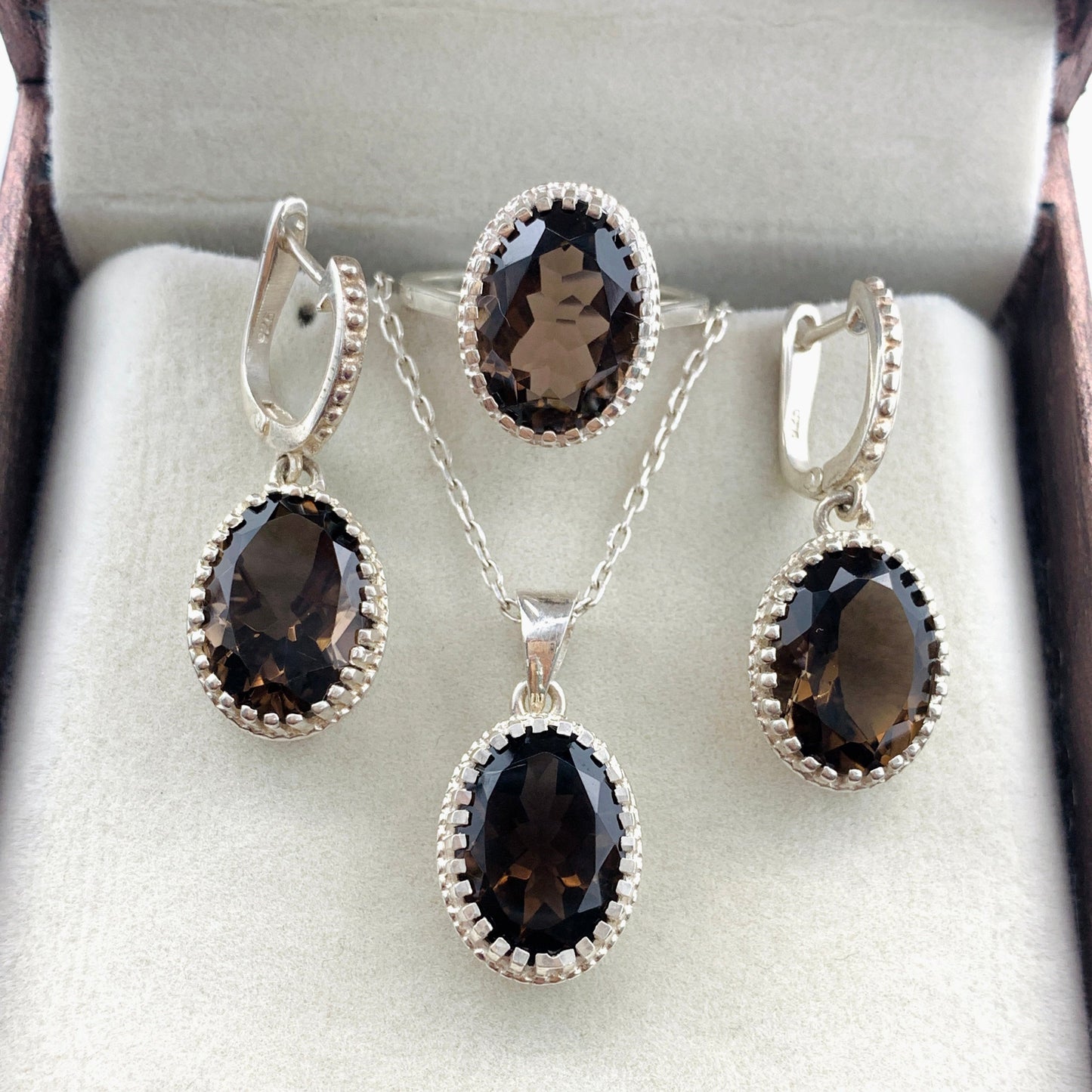 Natural Smoky Quartz Pendant Set-Silver Pendant With Earrings-Statement Jewelry For Woman & Girls-Brown Quartz Ring-322 PILWALS