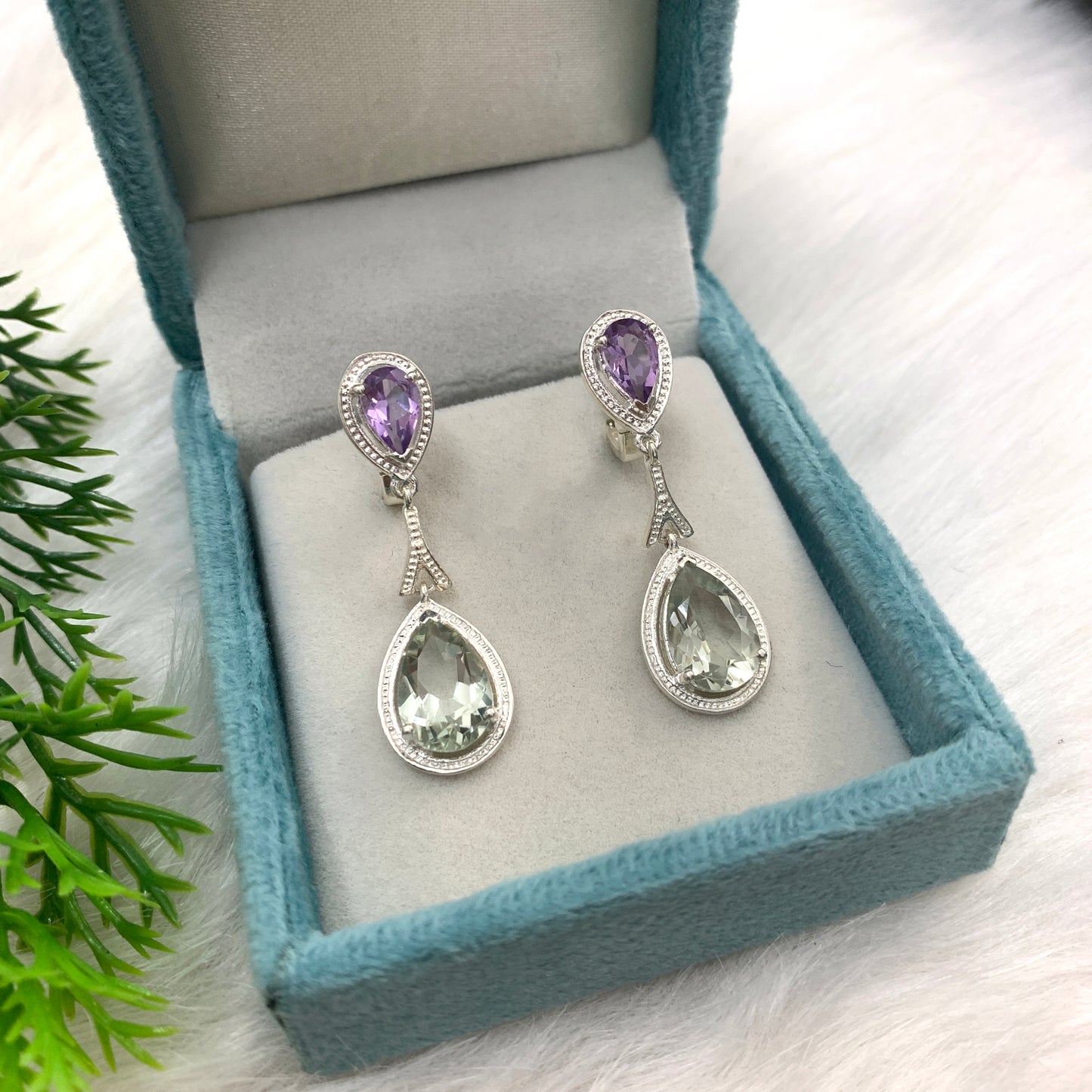 Green and Purple Amethyst Necklace-Tear Drop Dangle Earrings-Handmade Silver Jewelry-February Birthday Gift-Bridesmaid Pendant Set-560 PILWALS