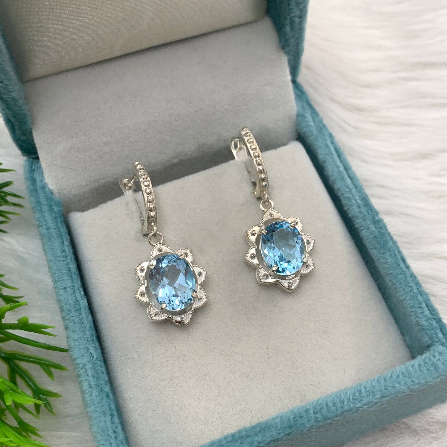 Unique Topaz Silver Necklace-Blue Topaz Flower Pendant Set-December Birthstone Jewelry-Bridal Gift Necklace-542 PILWALS