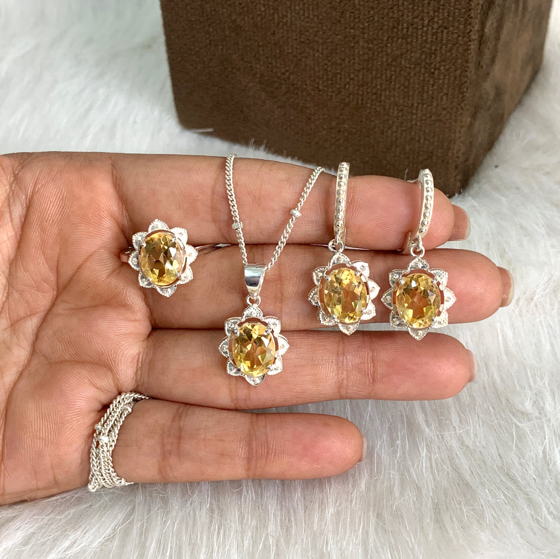 Natural Golden Citrine Flower Necklace-Handmade Silver Pendant Set-November Birthstone Jewelry-Gift For Wife-542 PILWALS