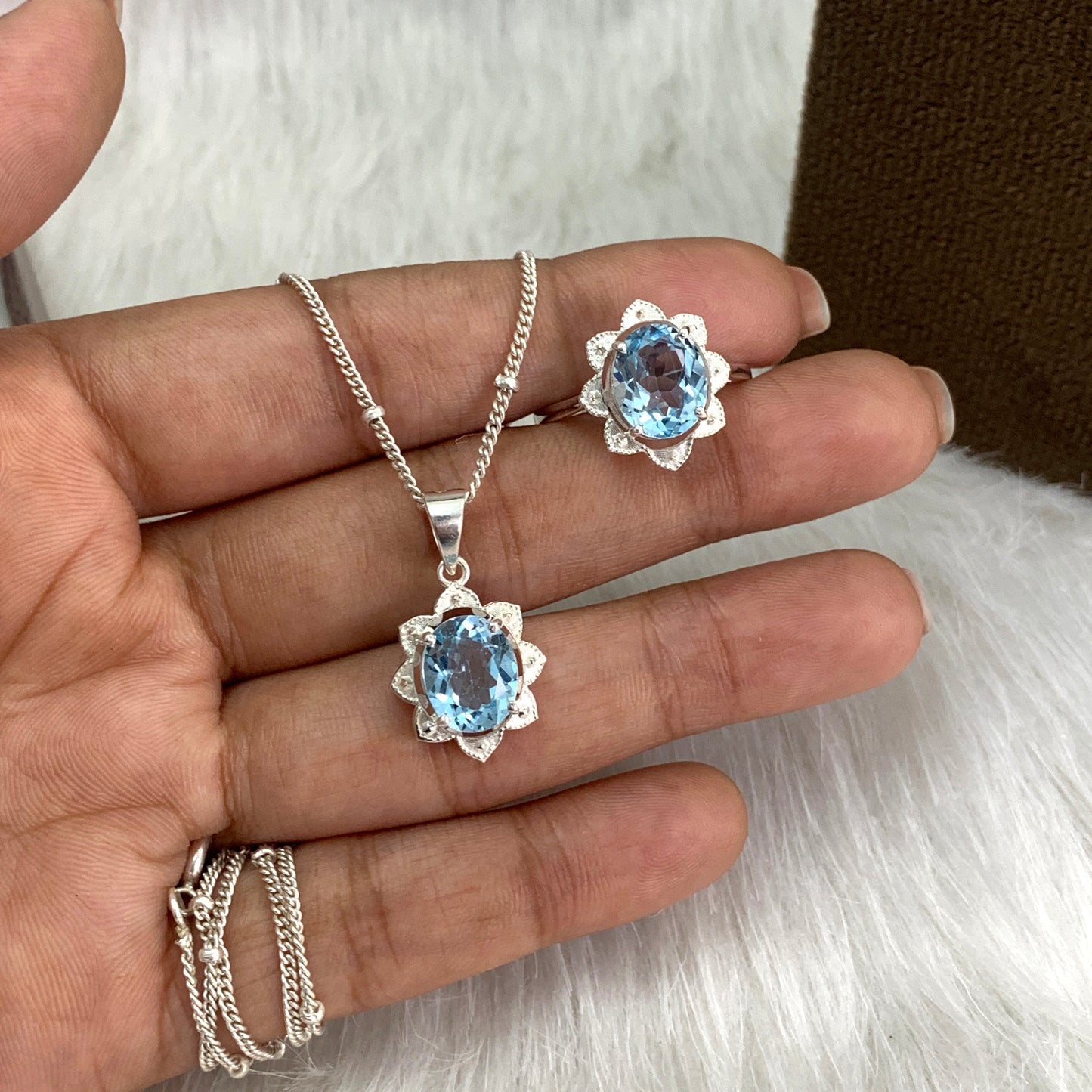 Unique Topaz Silver Necklace-Blue Topaz Flower Pendant Set-December Birthstone Jewelry-Bridal Gift Necklace-542 PILWALS