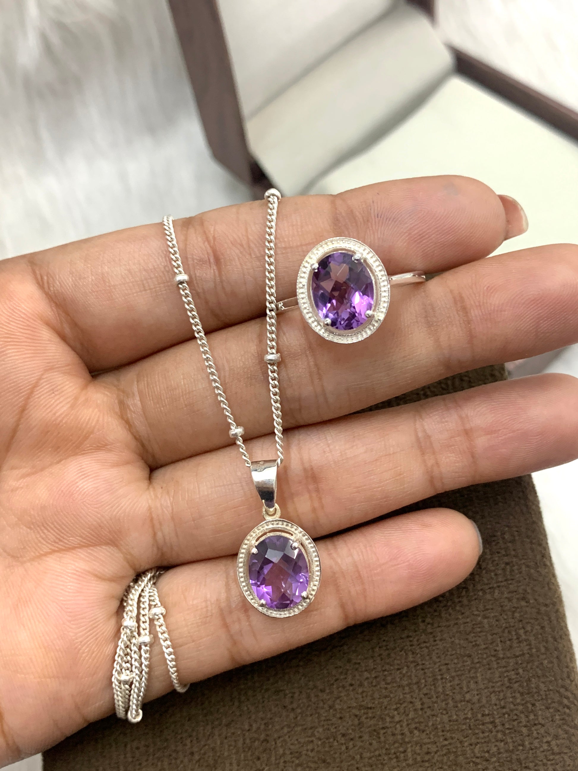 Natural Amethyst Oval Cut Necklace-Bridal Gift Necklace-Purple Gemstone Pendant-Dangle Drop Earrings-556 PILWALS