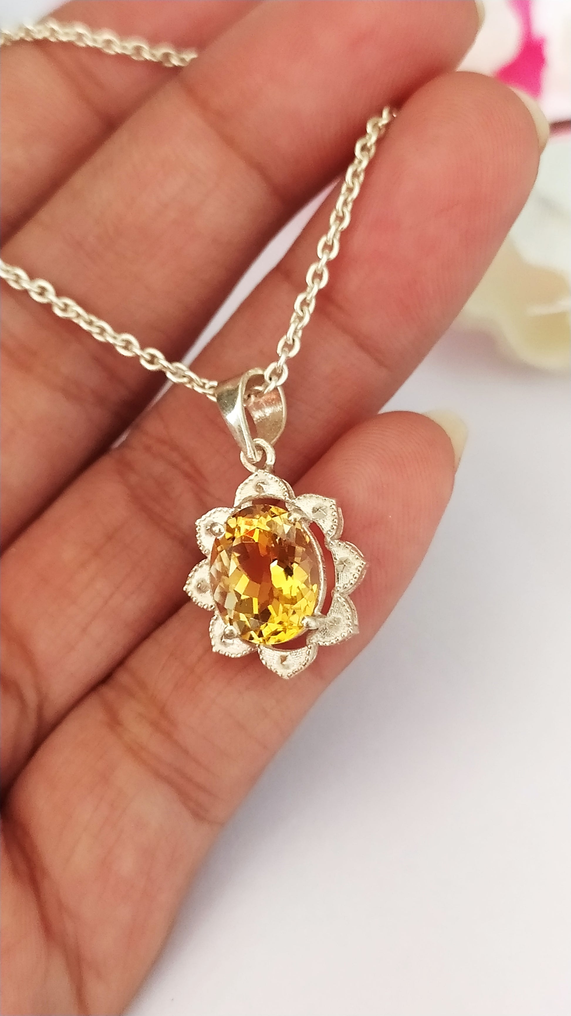 Natural Golden Citrine Flower Necklace-Handmade Silver Pendant Set-November Birthstone Jewelry-Gift For Wife-542 PILWALS