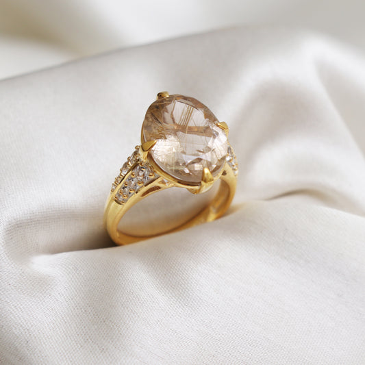 14K Gold Vermeil Rutile Quartz Ring-Wedding Anniversary Gift-Oval Cut Golden Rutile Ring-Promise Ring-749 PILWALS