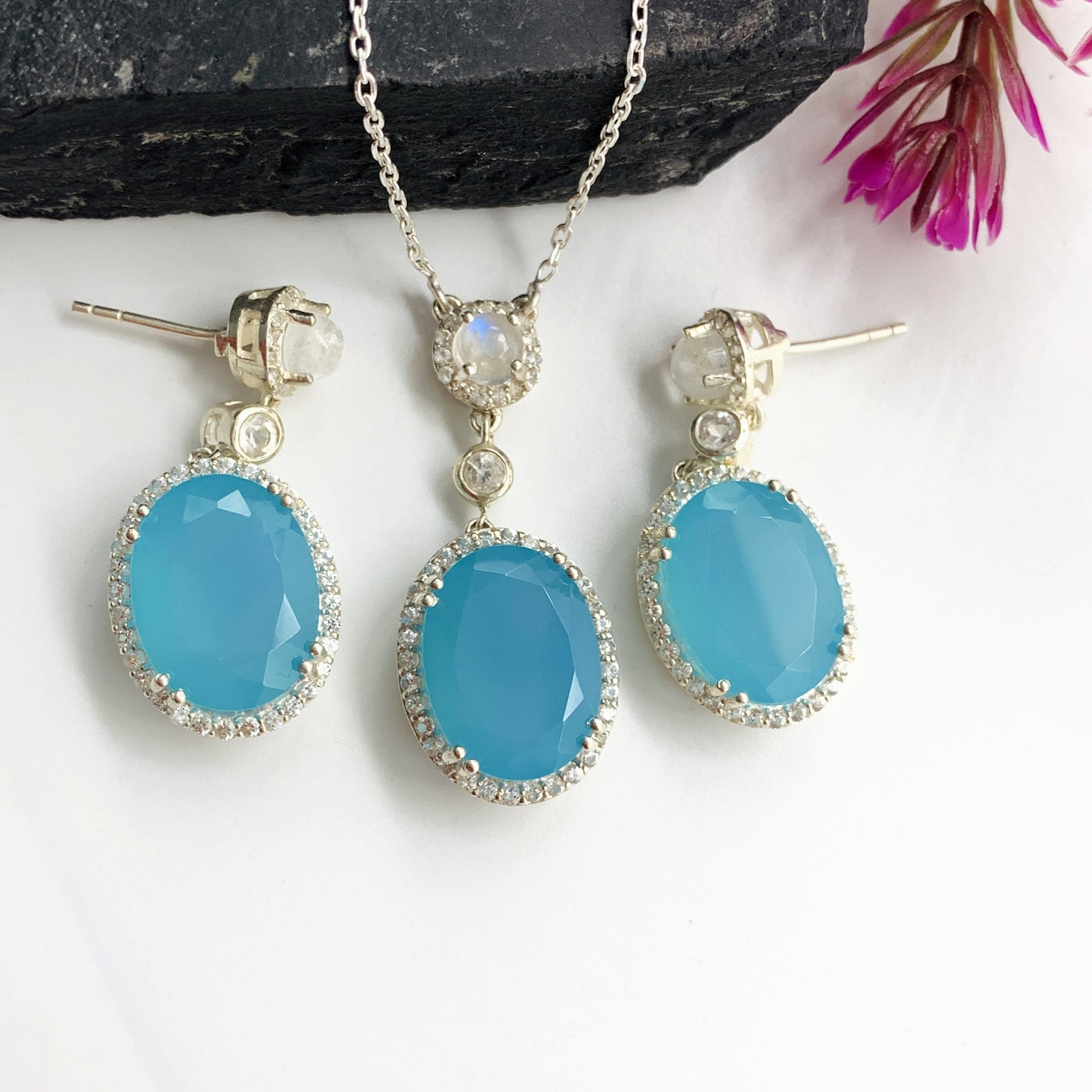 Aqua Chalcedony Necklace-Blue Gemstone Pendant with Earrings Set-Anniversary Gift Jewelry-Chalcedony Silver Necklace for Her-144 PILWALS