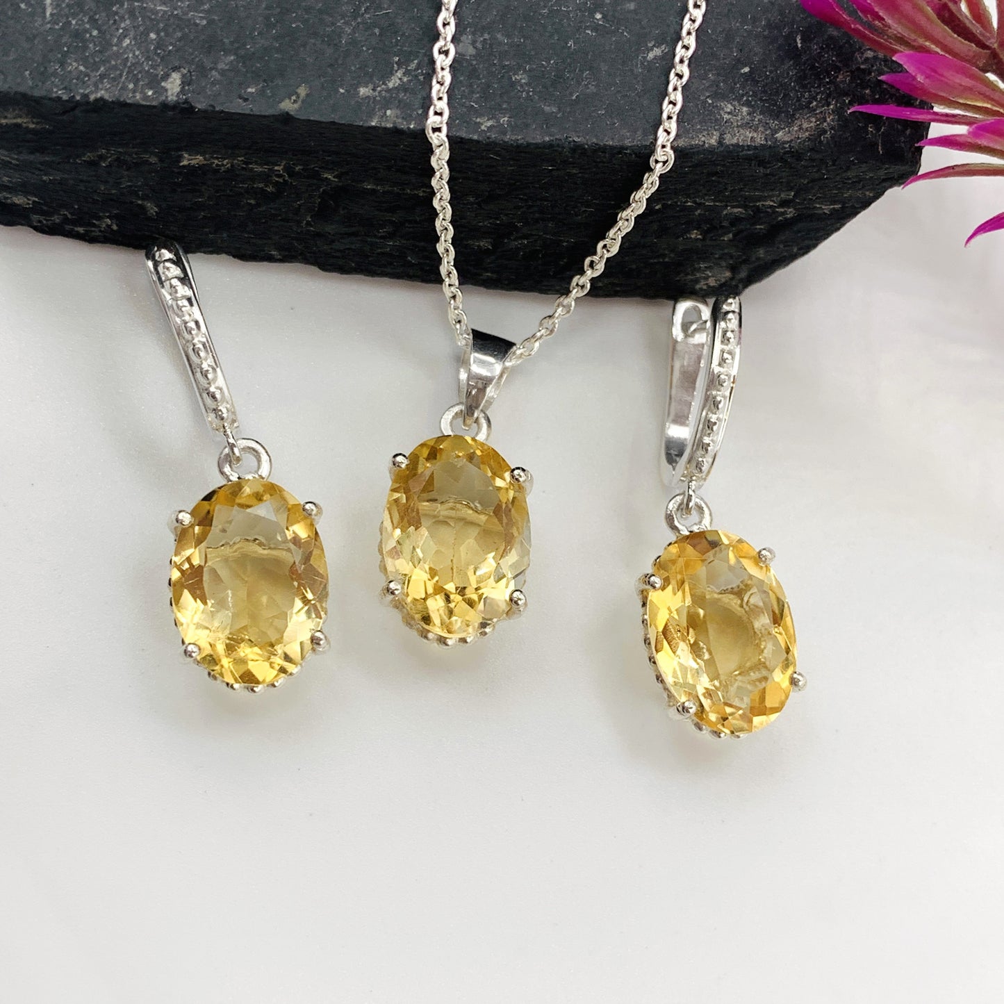 Natural Citrine Necklace-November Birthstone Pendant Set-Golden Gemstone Necklace-Citrine Sterling Silver Necklace For He-732 PILWALS