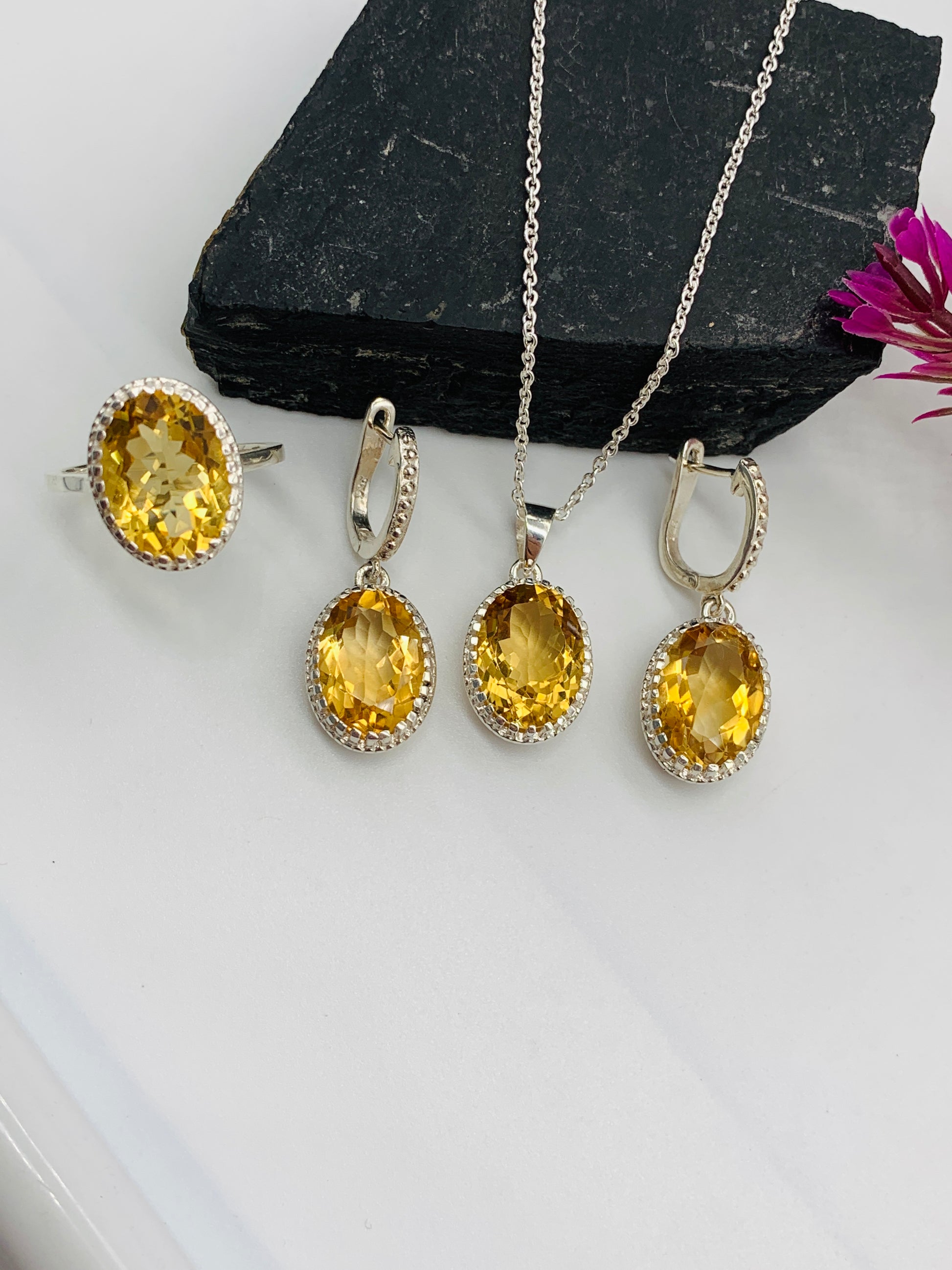 Natural Golden Citrine Oval Pendant-Handmade Silver Necklace-Bridal Gift Necklace-November Birthstone Pendant Set-322 PILWALS