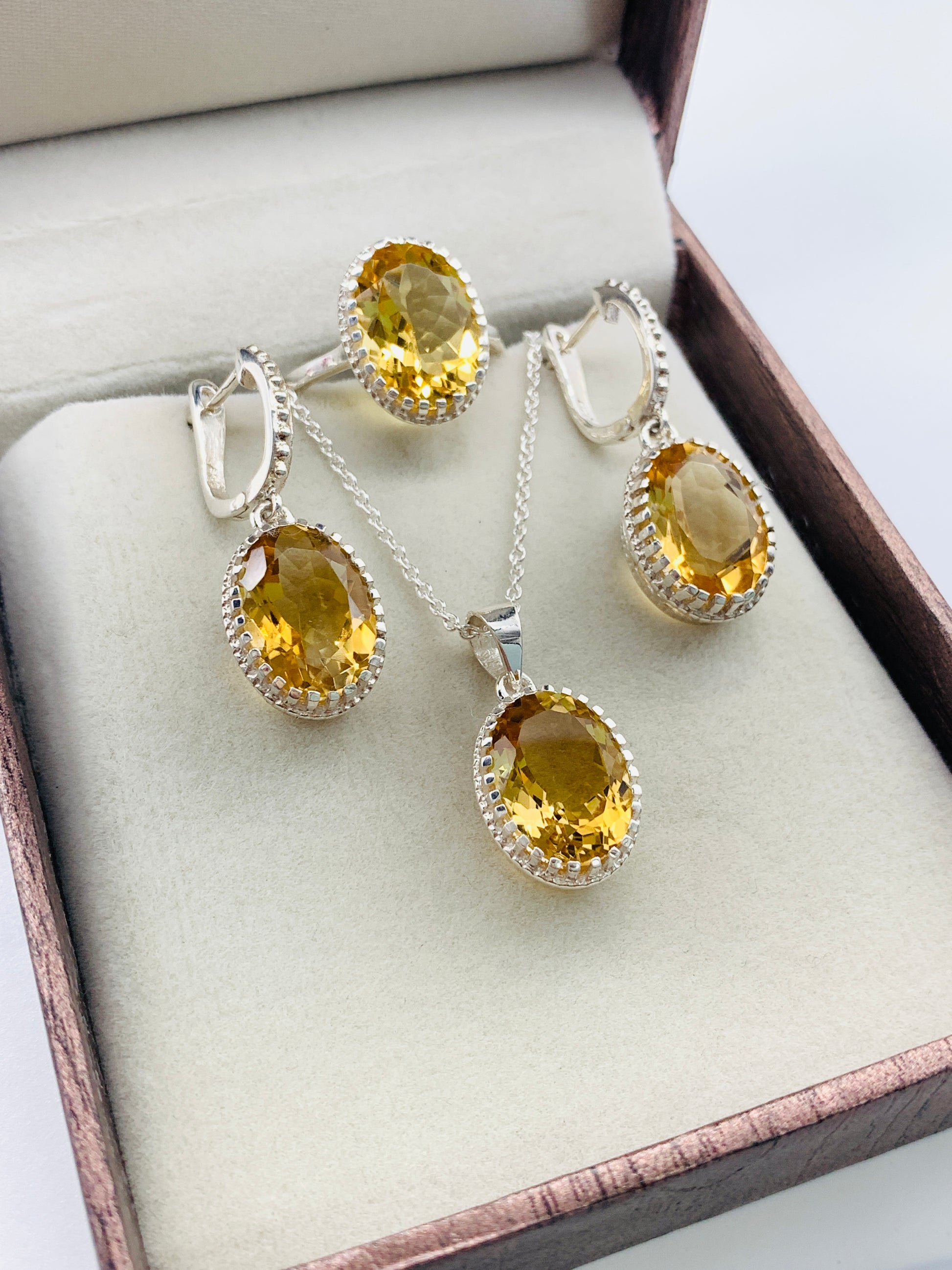 Natural Golden Citrine Oval Pendant-Handmade Silver Necklace-Bridal Gift Necklace-November Birthstone Pendant Set-322 PILWALS