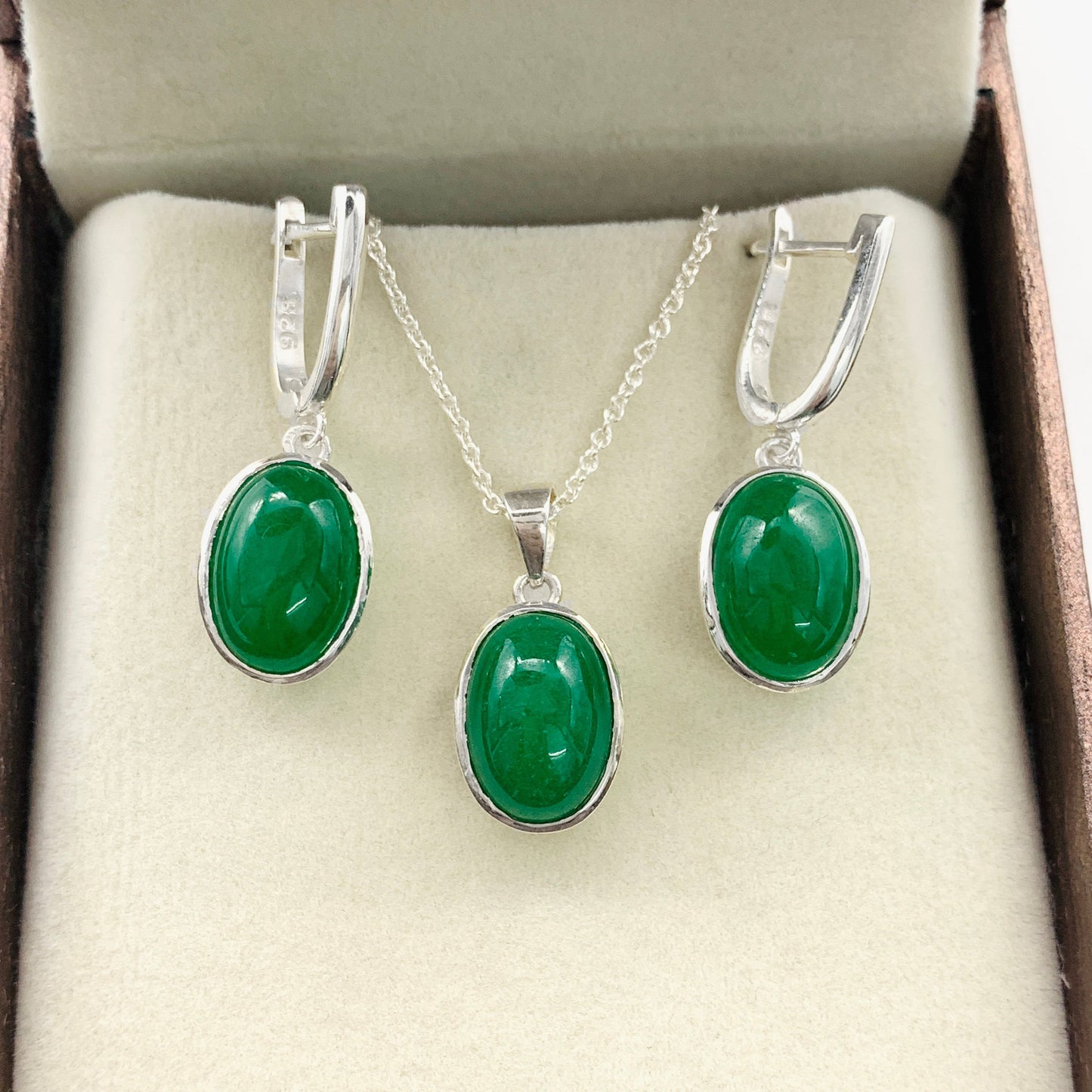 Natural Green Jade Silver Necklace-Daily Wear Jade Pendant Set-Handmade Dangle Drops Earrings-Silver Chain with Pendant-Gift For Mom-276 PILWALS